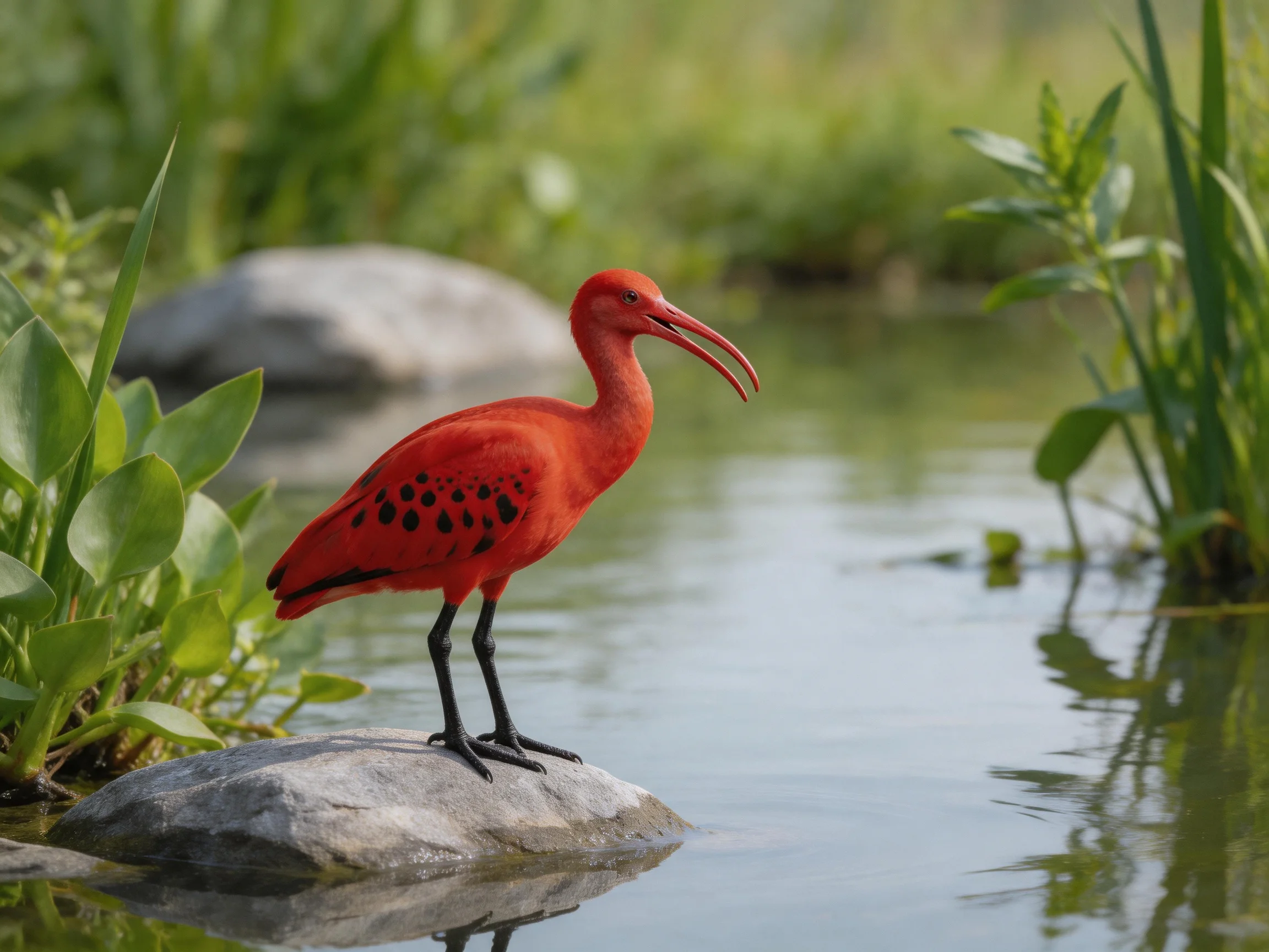 A vibrant red ibis perches on a rock by calm waters