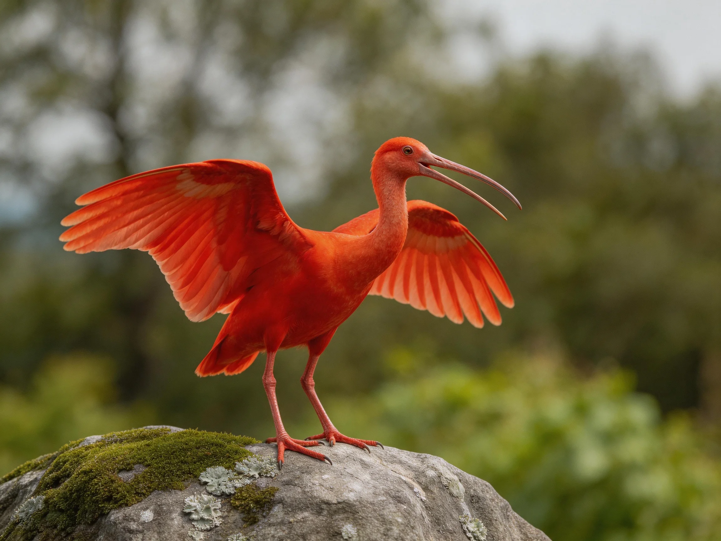 A vibrant red ibis spreading wings atop a moss-covered rock