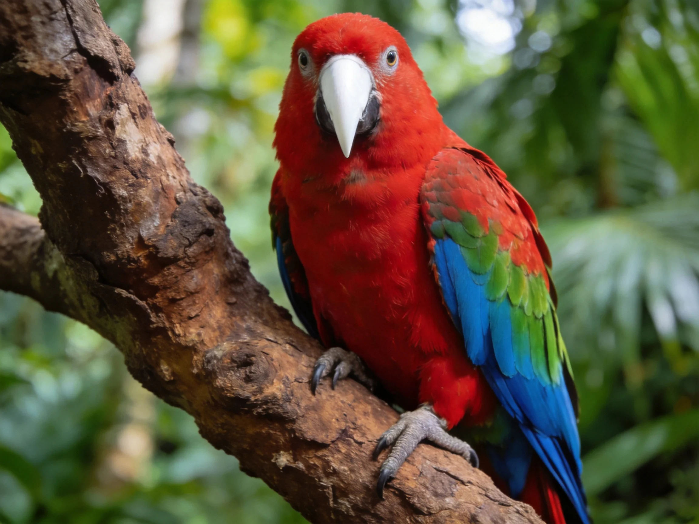 A vibrant red macaw with blue-green wings perched on a tree branch