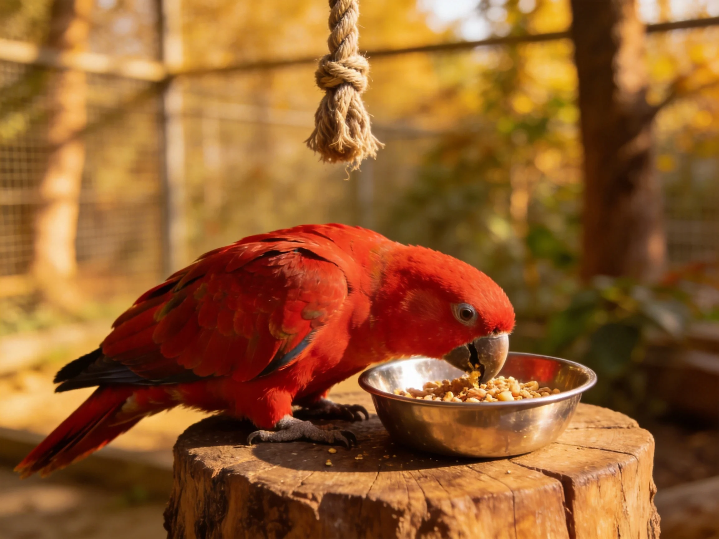 A vibrant red parrot feeding from a metal bowl on a wooden stump