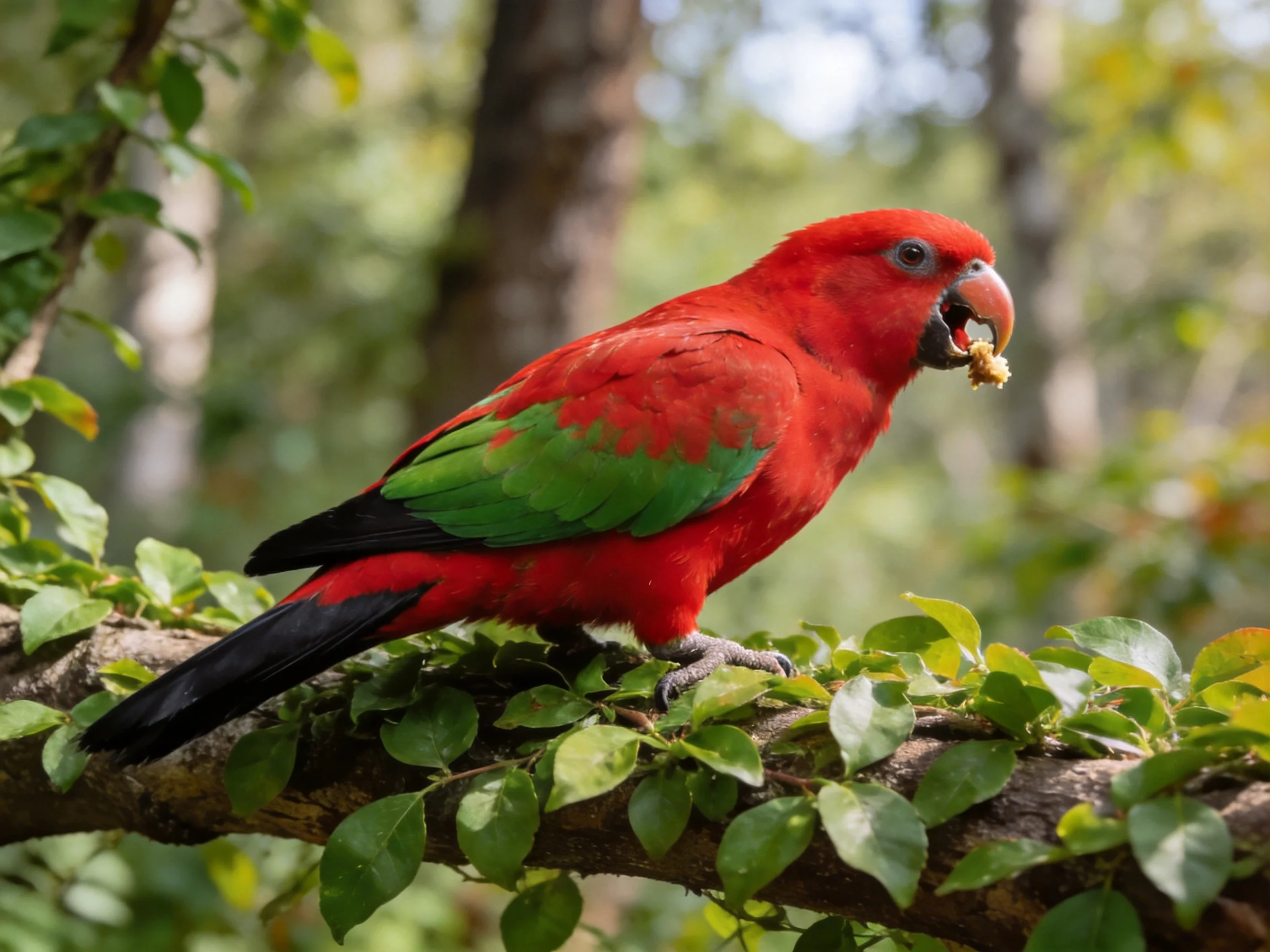 A vibrant red parrot with green wings perched on a leafy branch