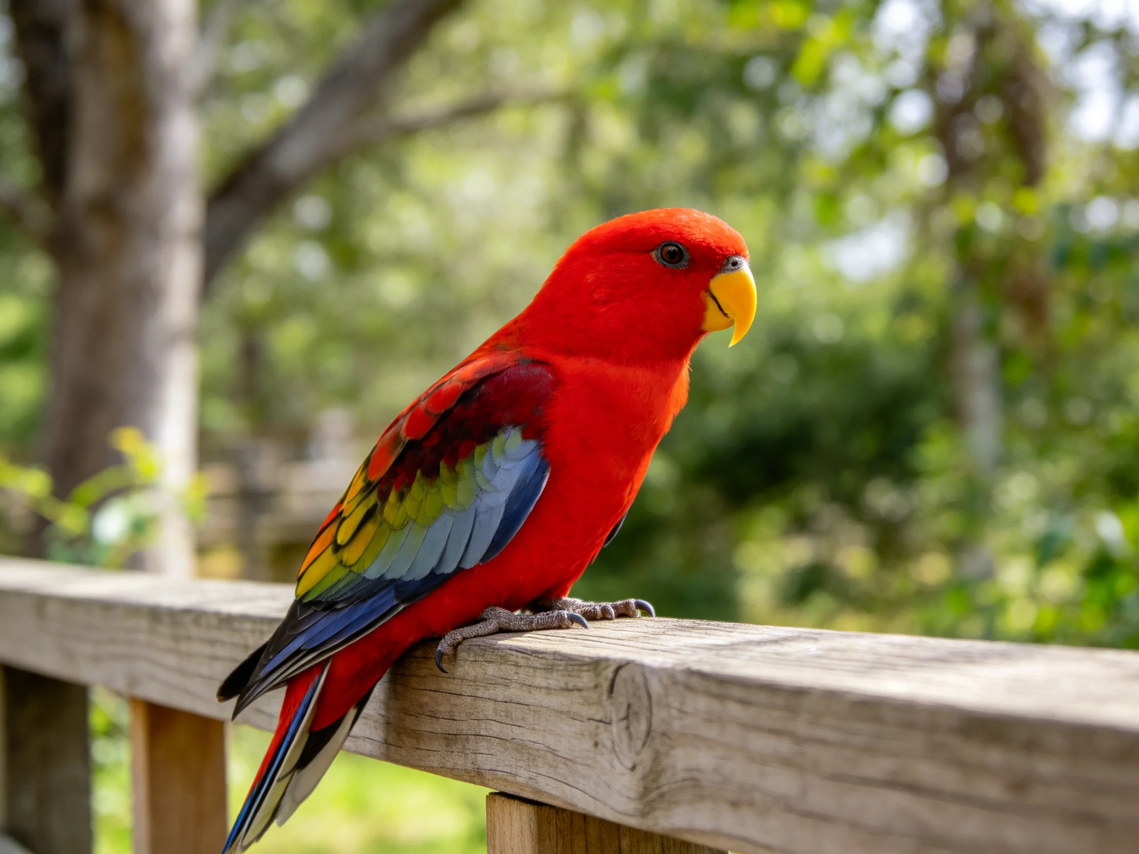 A vibrant red parrot with multicolored wings perches on a wooden railing