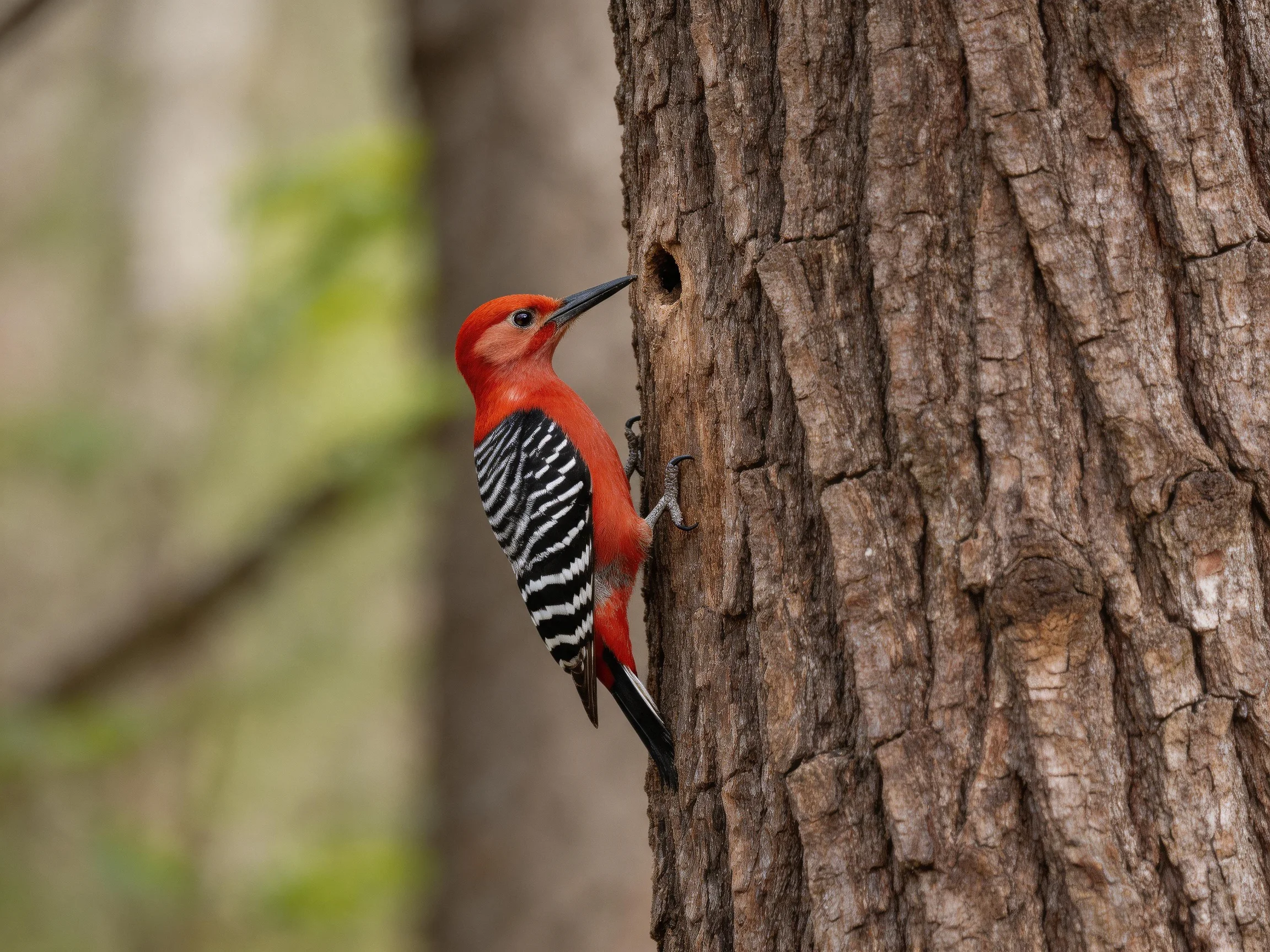 A vibrant red woodpecker perched on a textured tree trunk