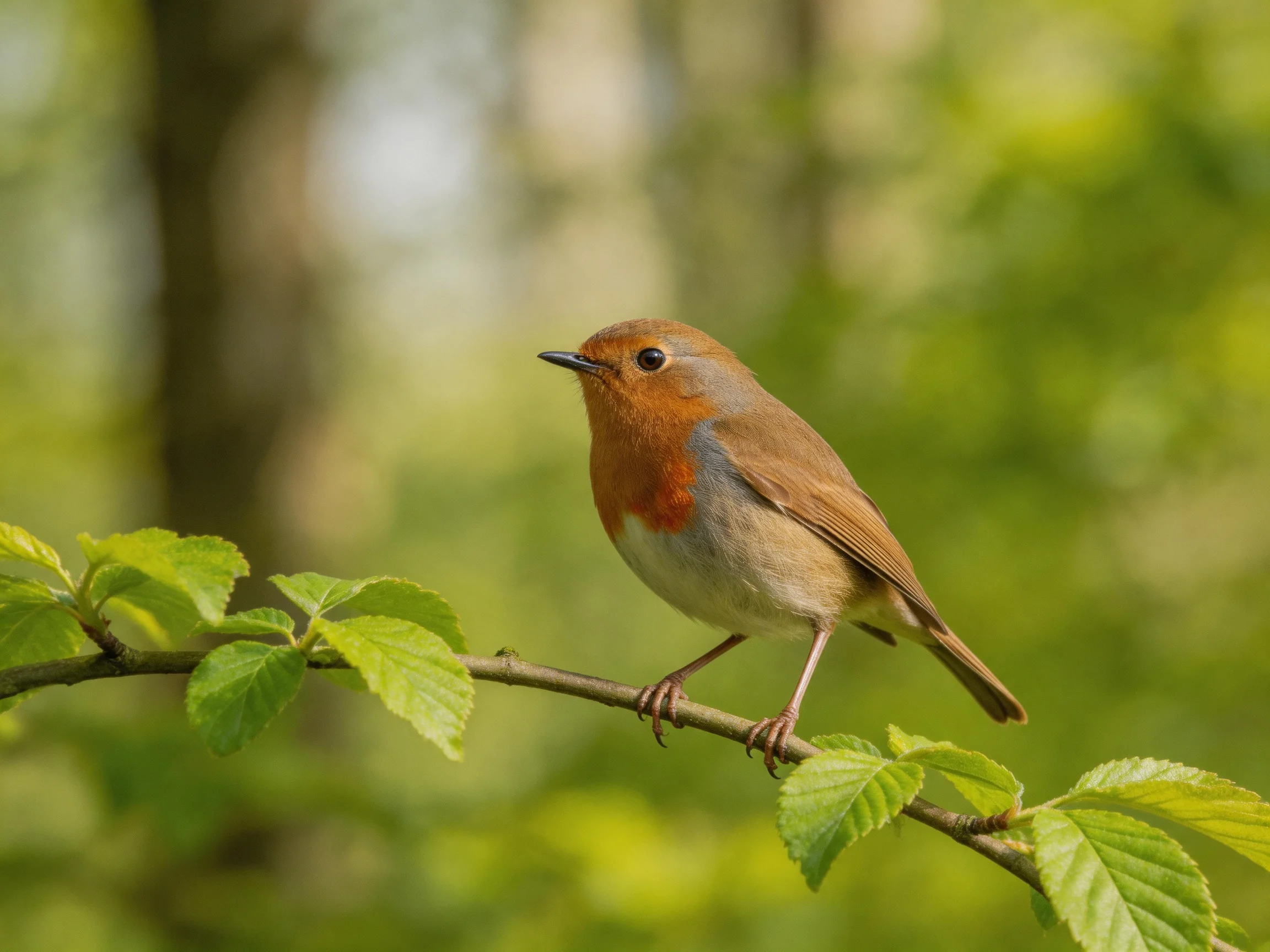 A vibrant robin perched on a leafy tree branch