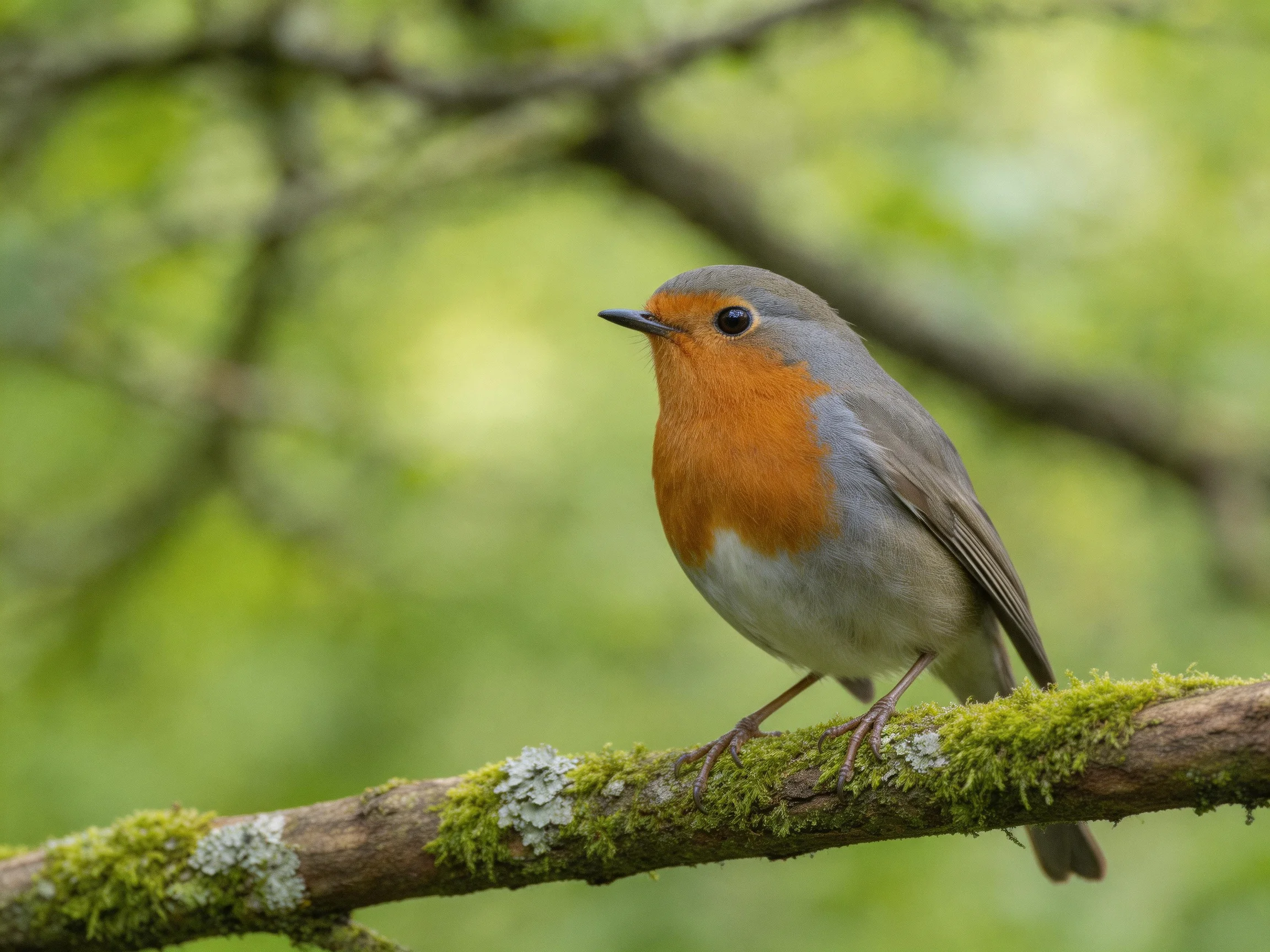 A vibrant robin perched on a moss-covered tree branch