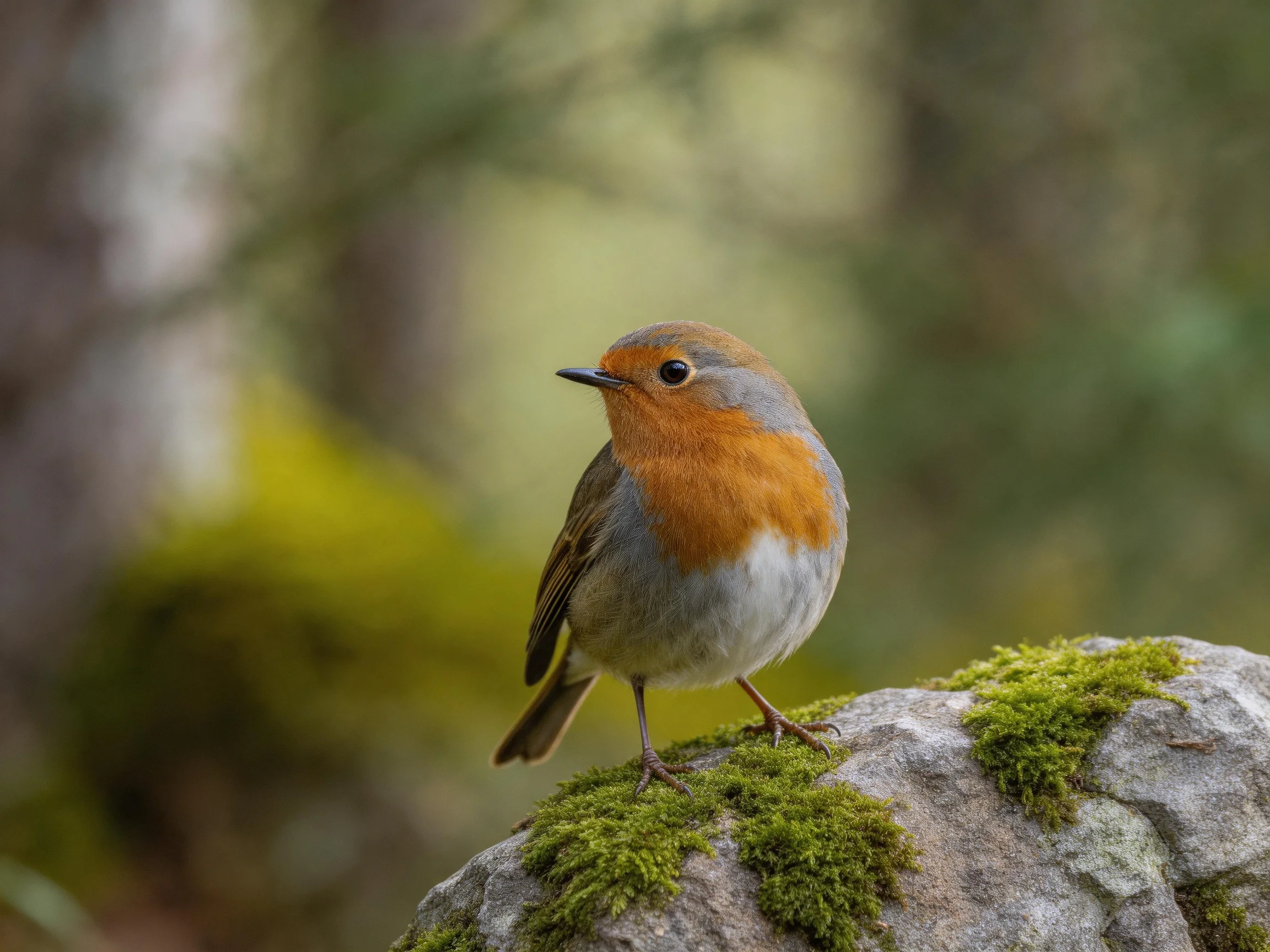 A vibrant robin perched on a mossy stone in a forest setting
