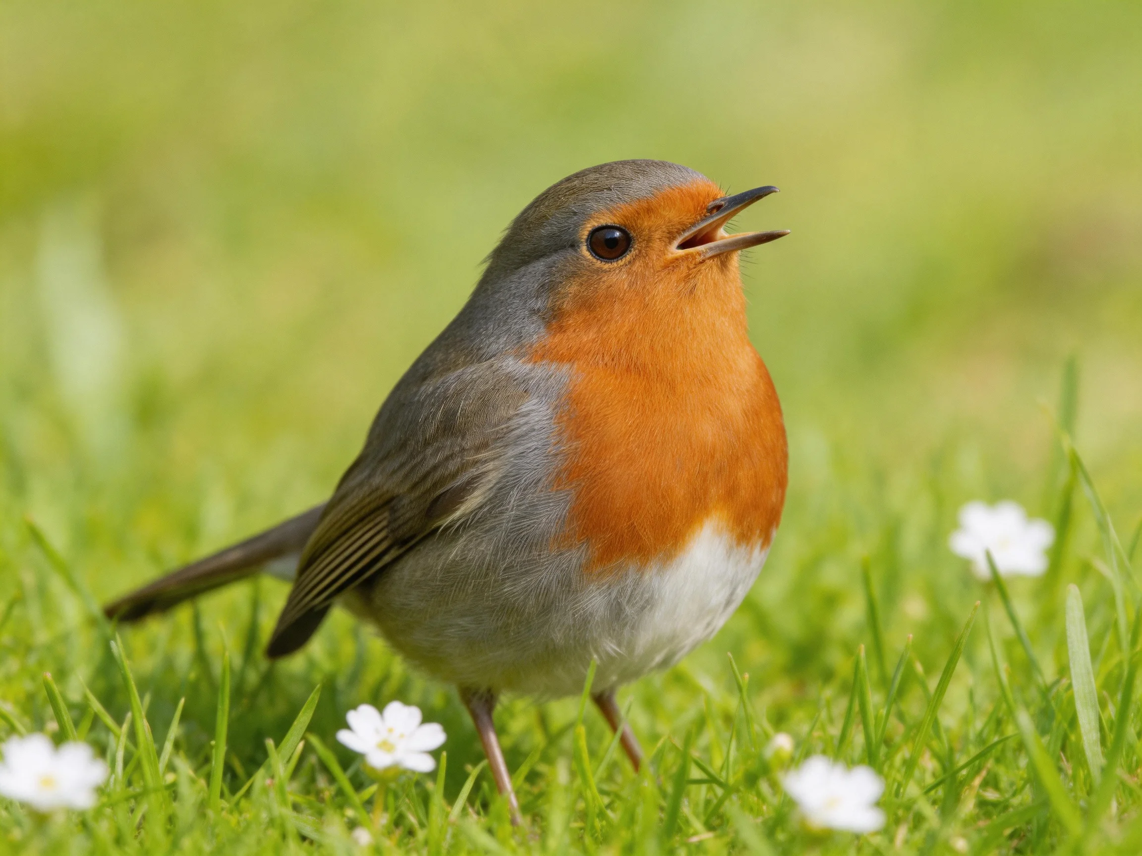 A vibrant robin sits on lush green grass near small white flowers.
