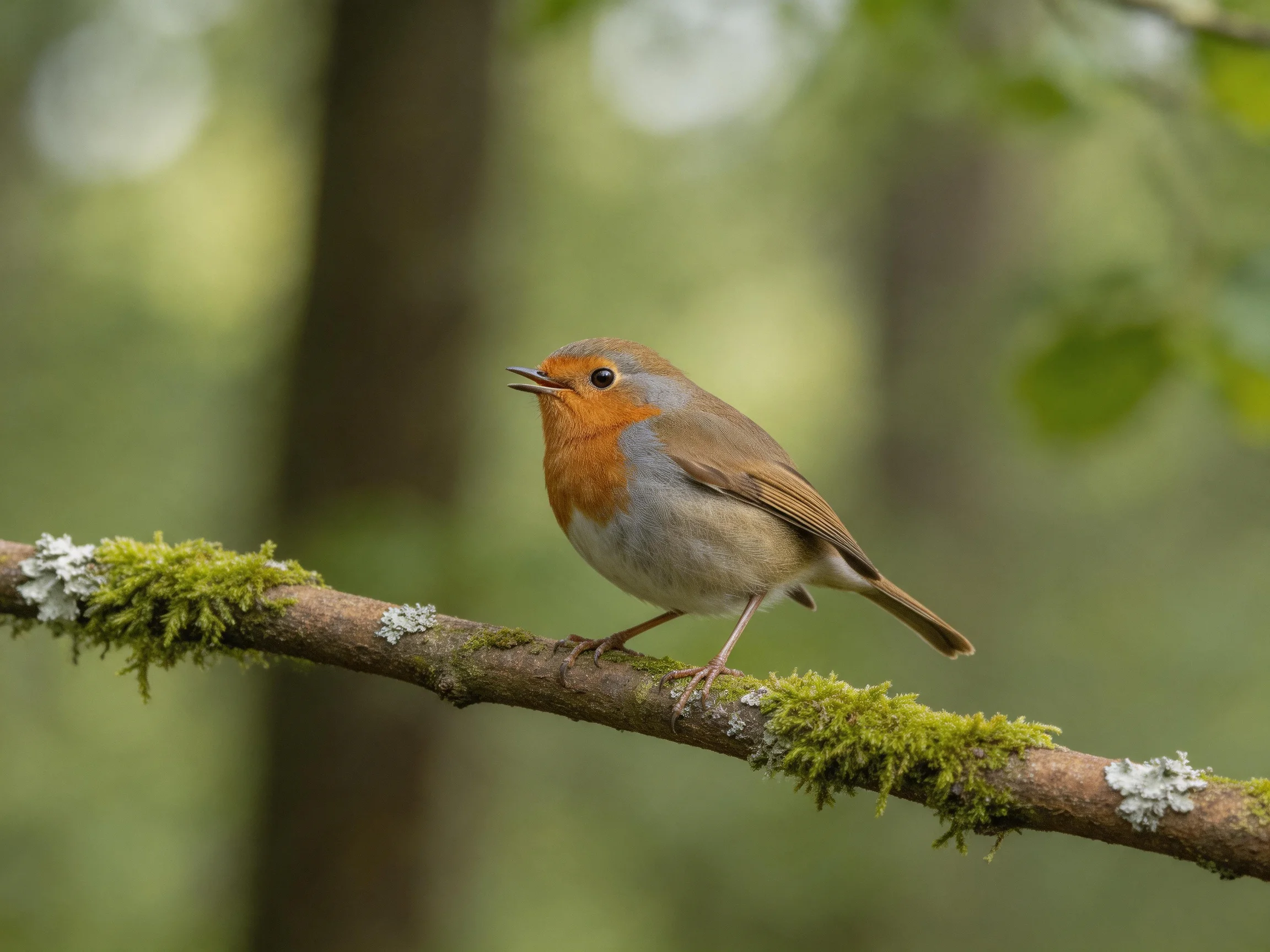 A vibrant robin perches on a mossy forest branch