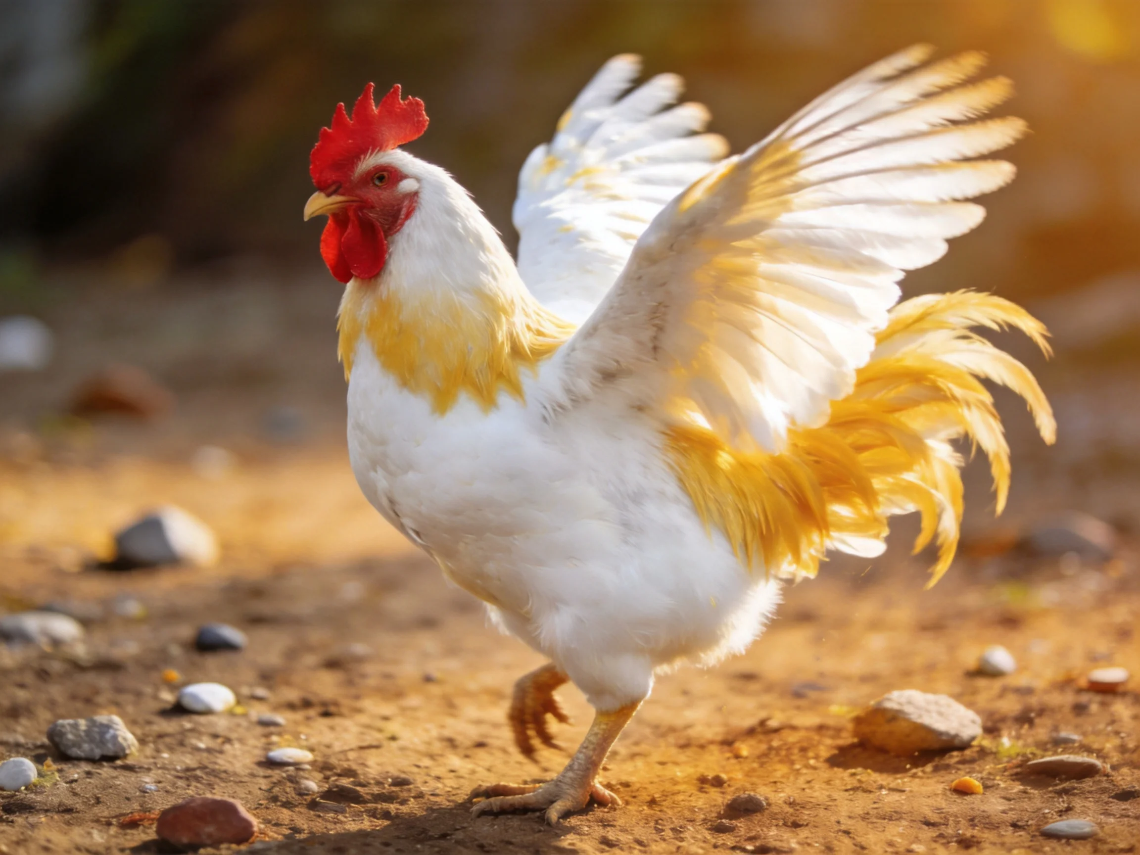 A rooster displays its colorful plumage while spreading wings in an outdoor setting.