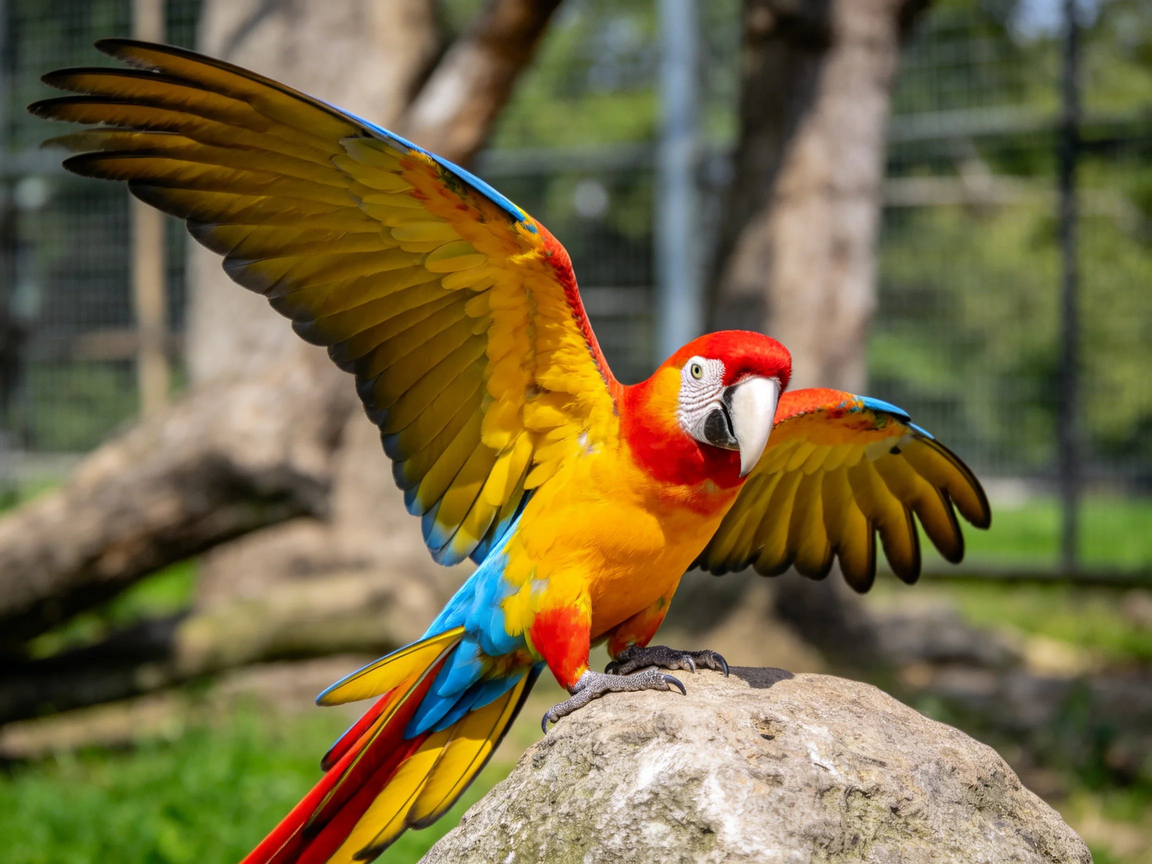 A scarlet-and-yellow macaw spreads wings while perched on a rock.
