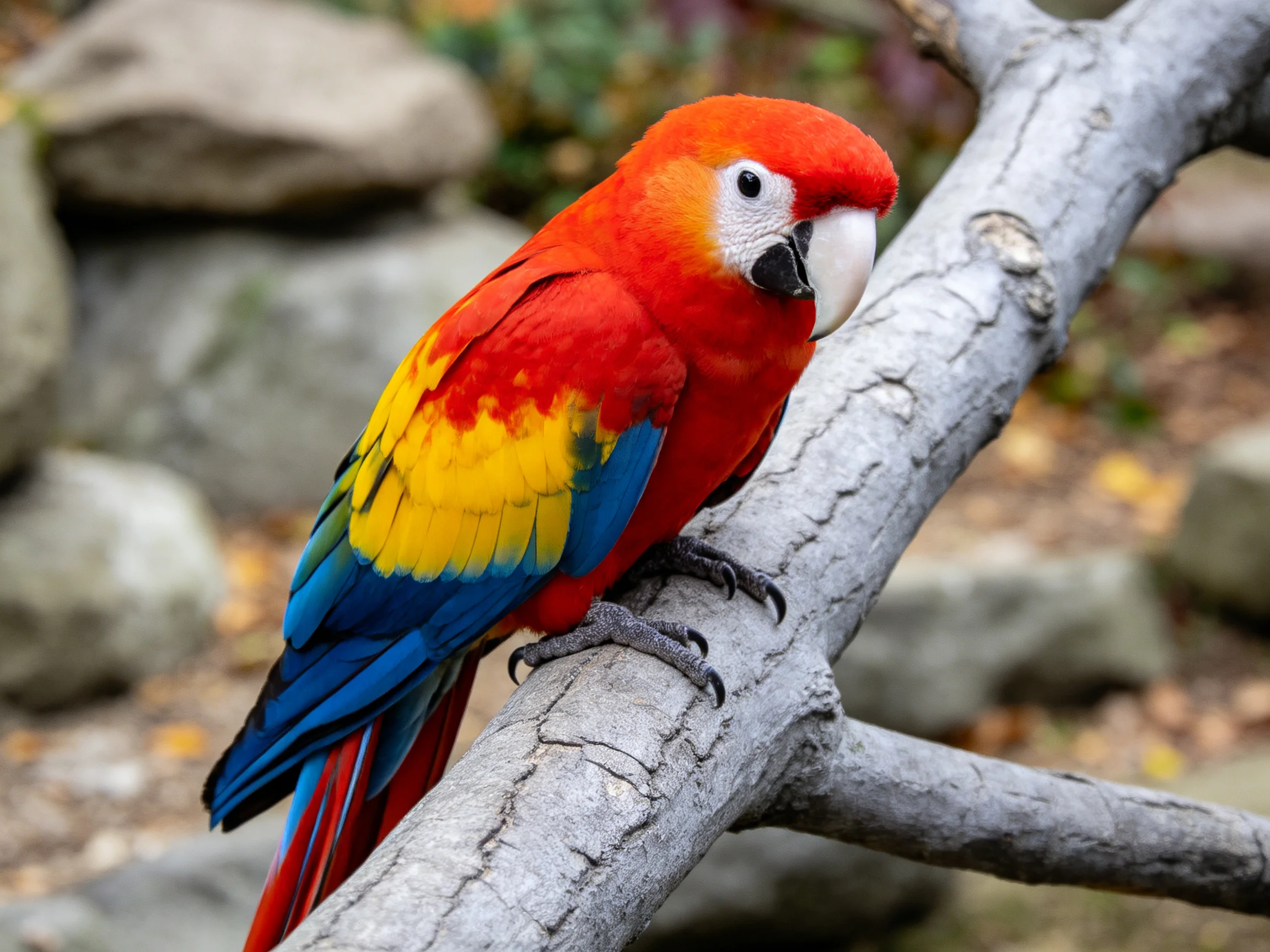 A vibrant scarlet macaw perched on a weathered branch
