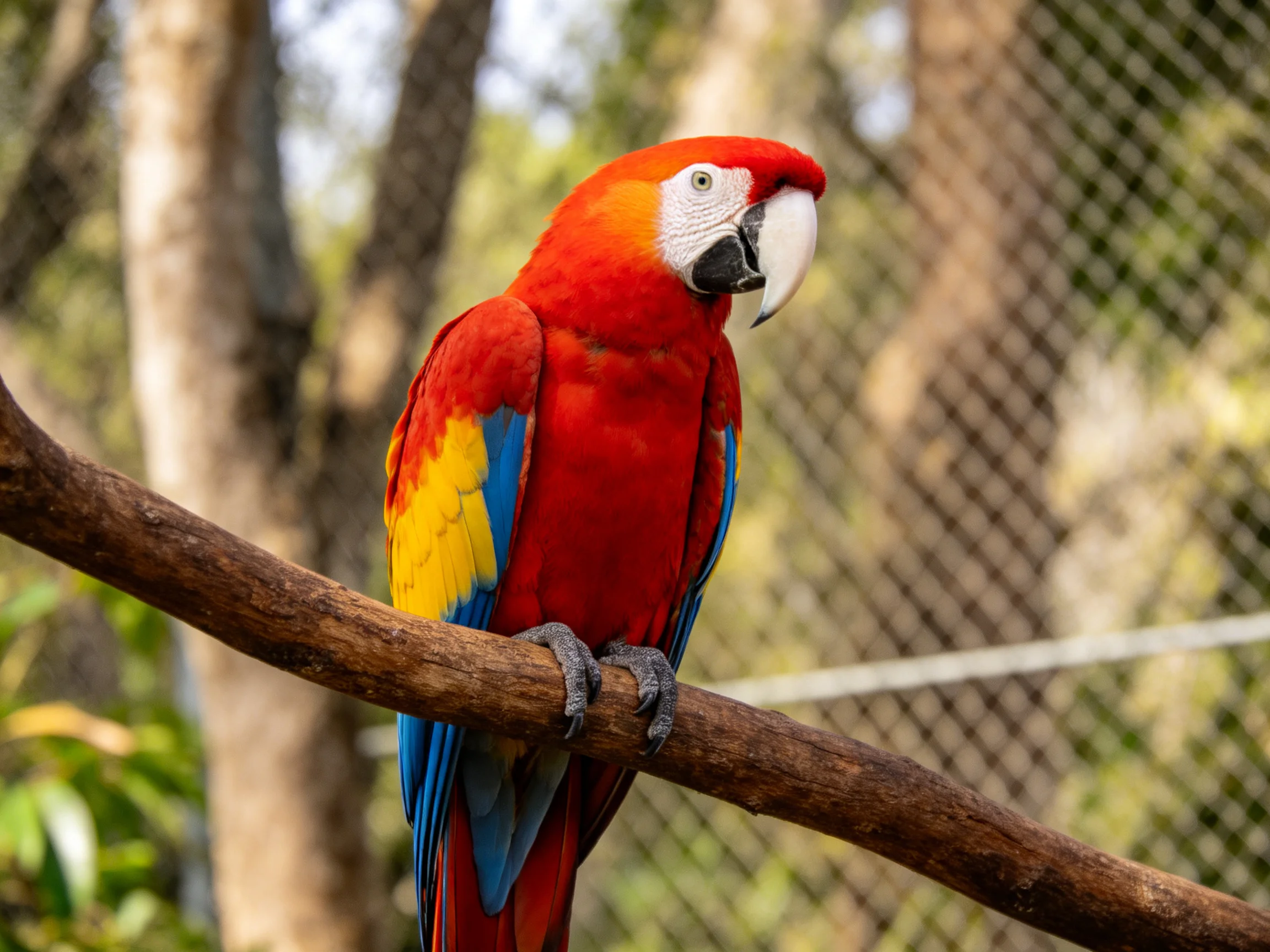 A vibrant scarlet macaw perched on a wooden branch
