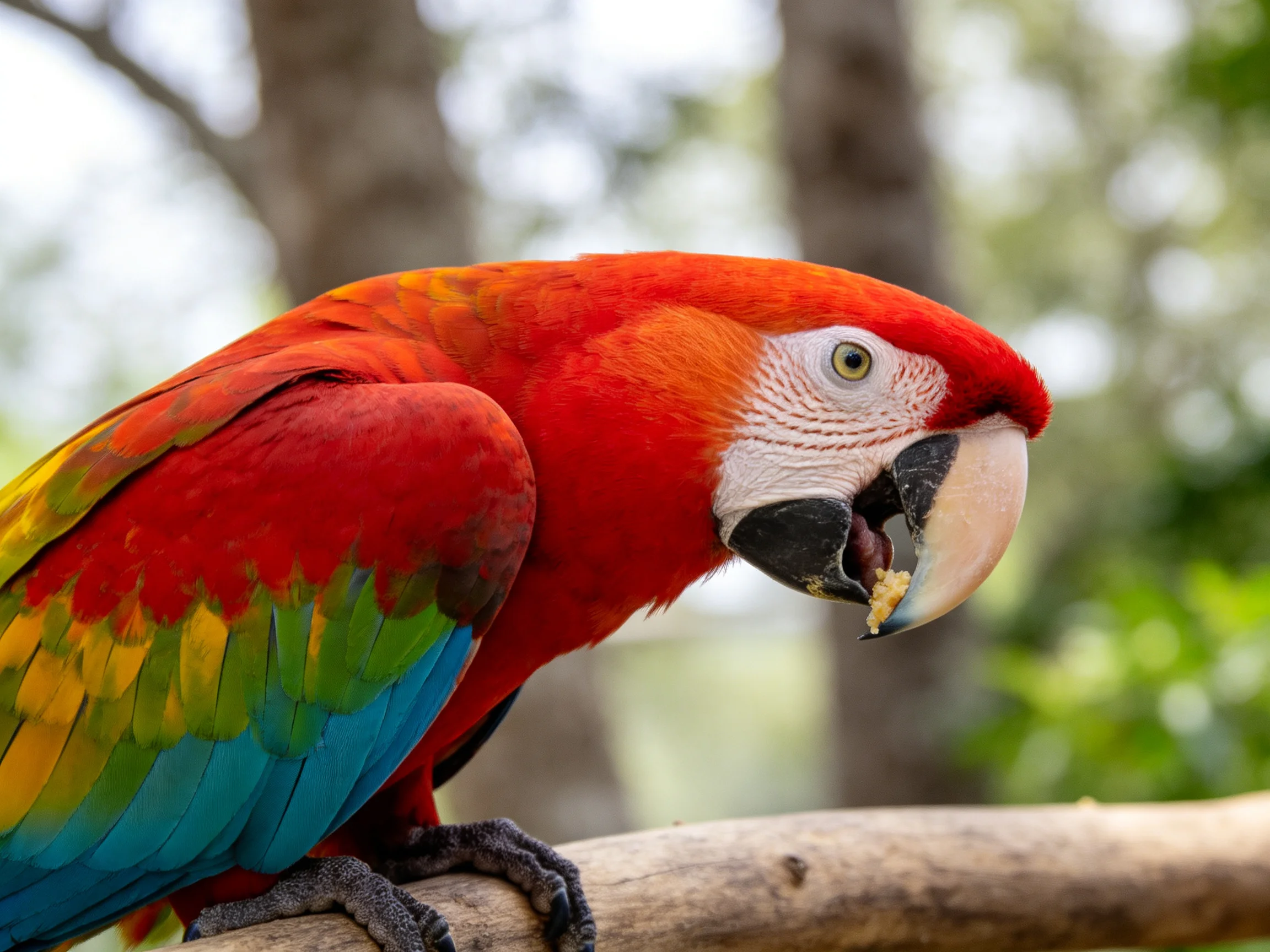 A vibrant scarlet macaw perched on a wooden branch