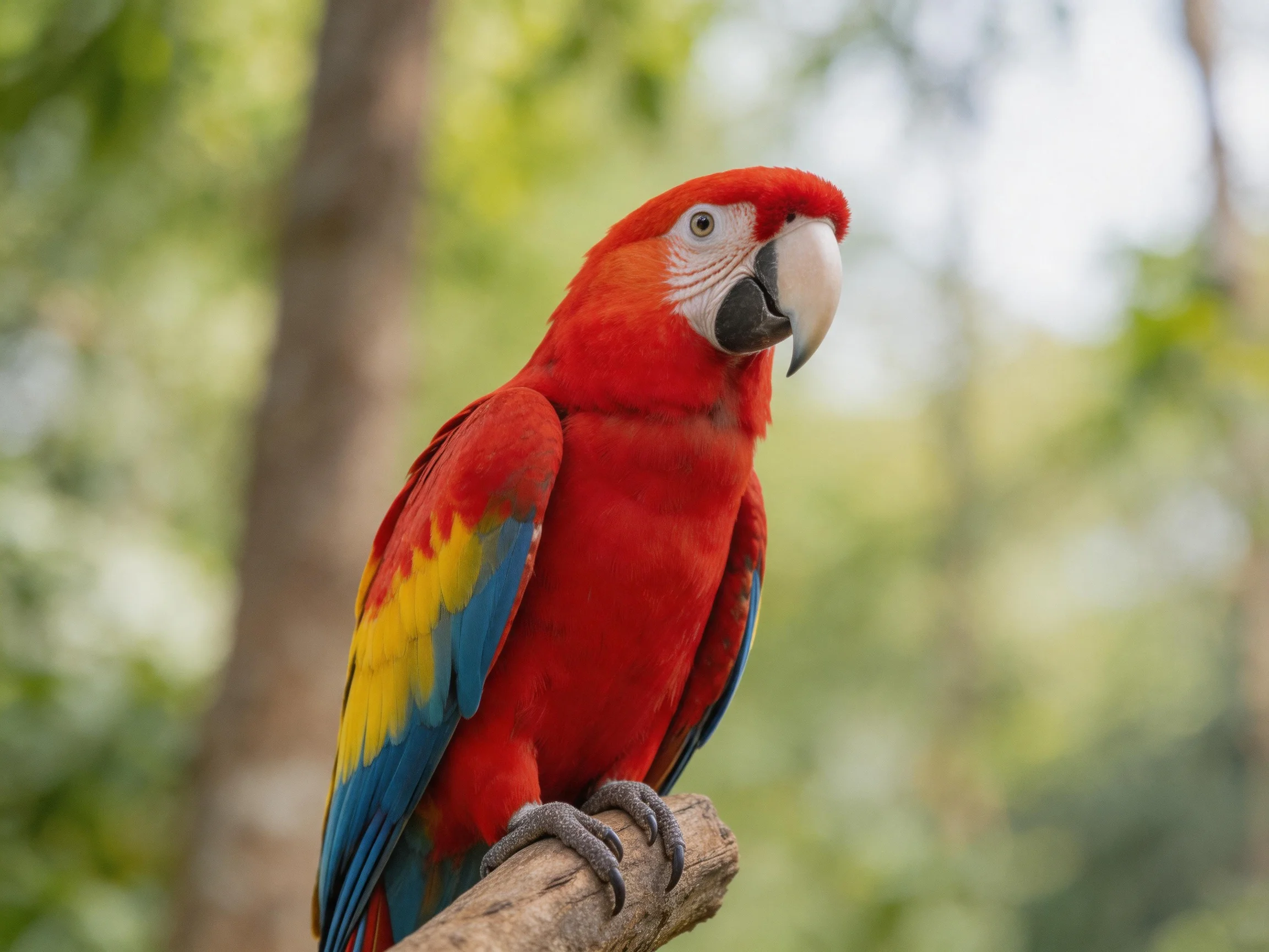 A vibrant scarlet macaw perched on a wooden branch