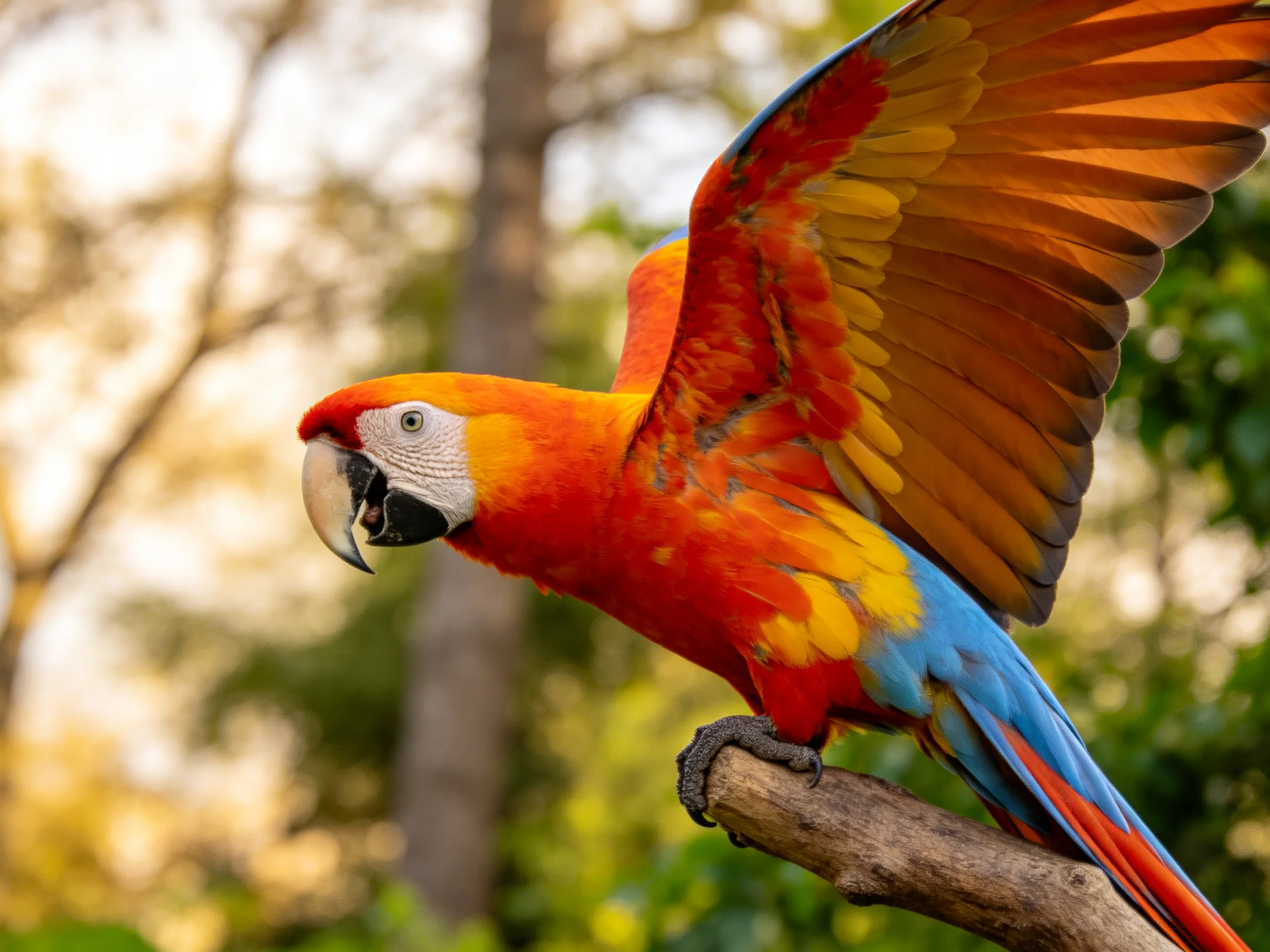 A vibrant scarlet macaw spreads wings on a branch