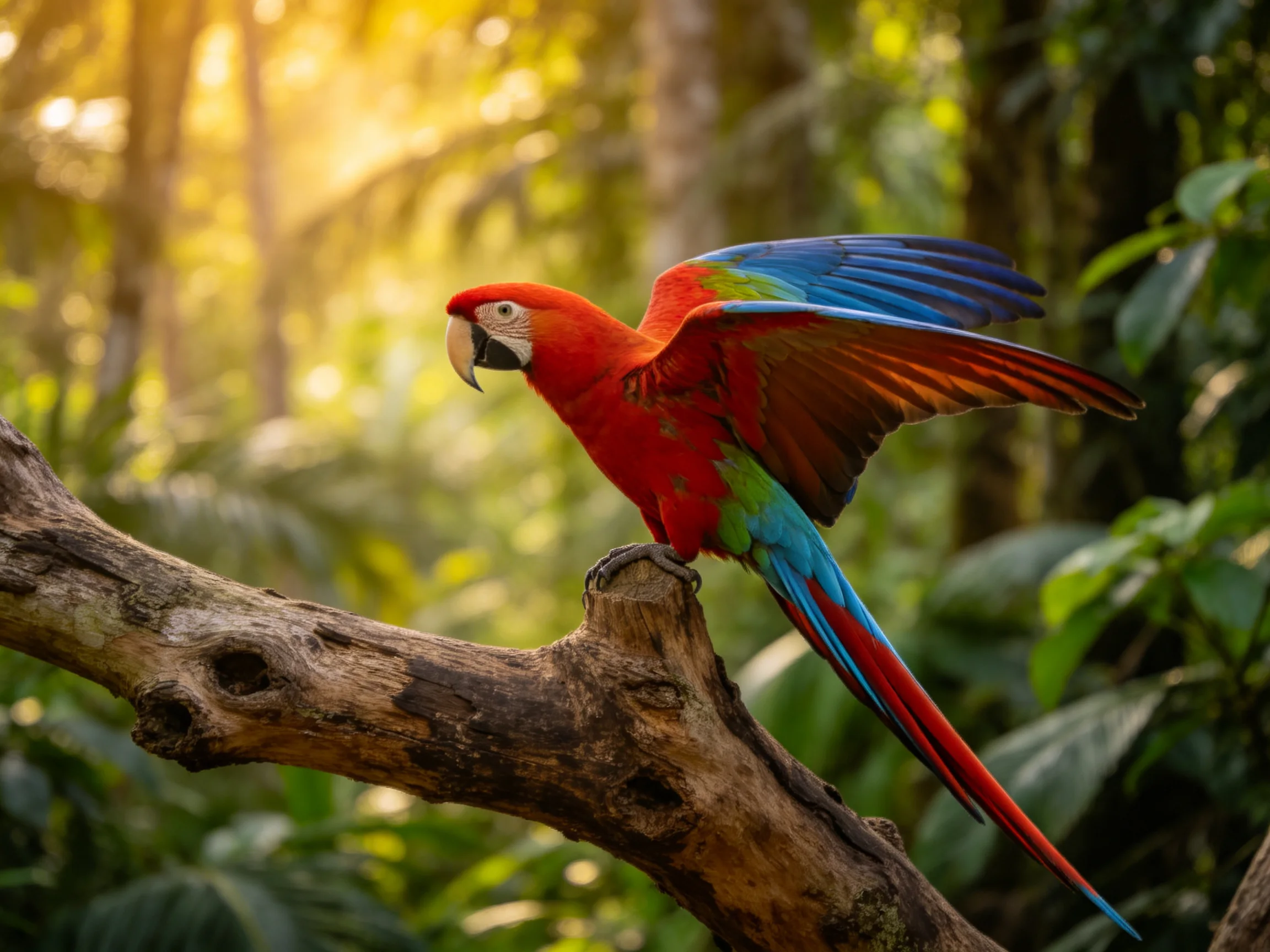 A vibrant scarlet macaw spreads wings on a jungle branch