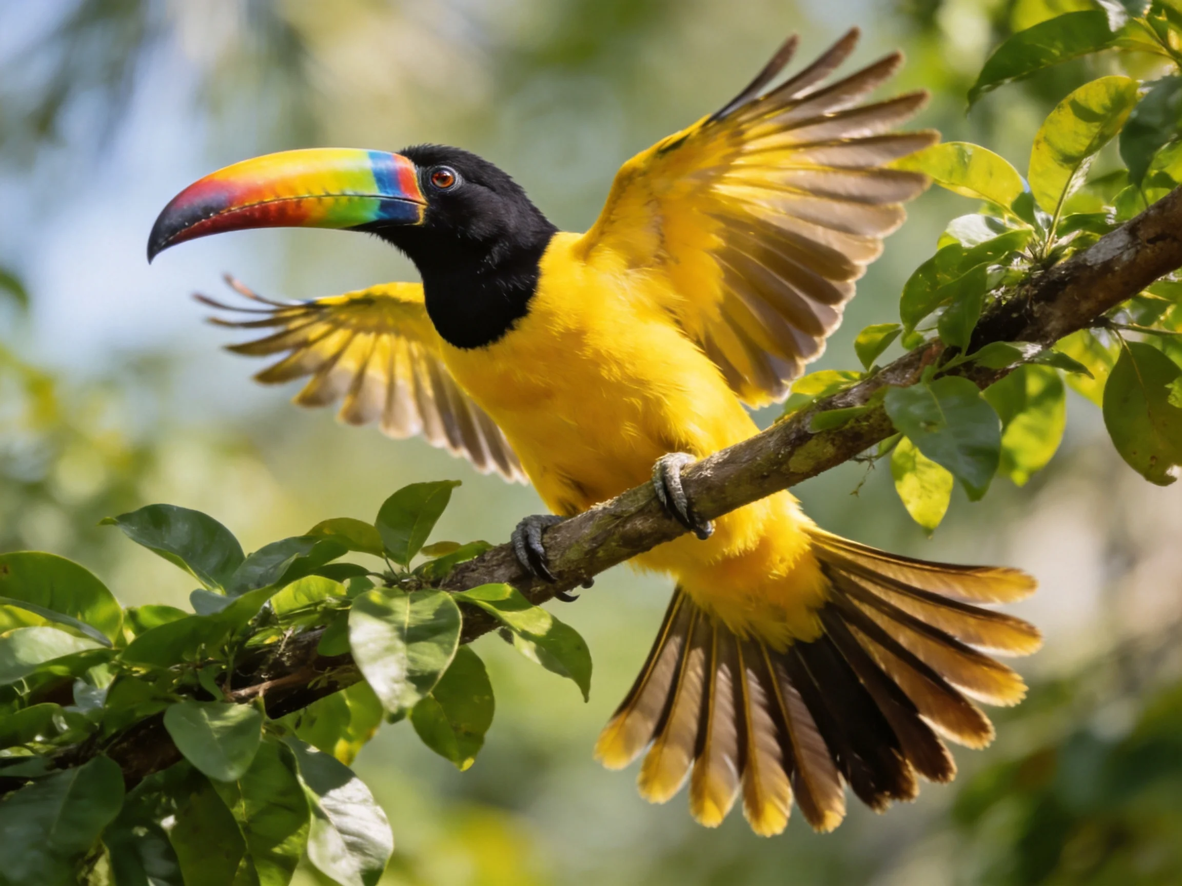 A vibrant toucan with rainbow beak perches on a leafy branch