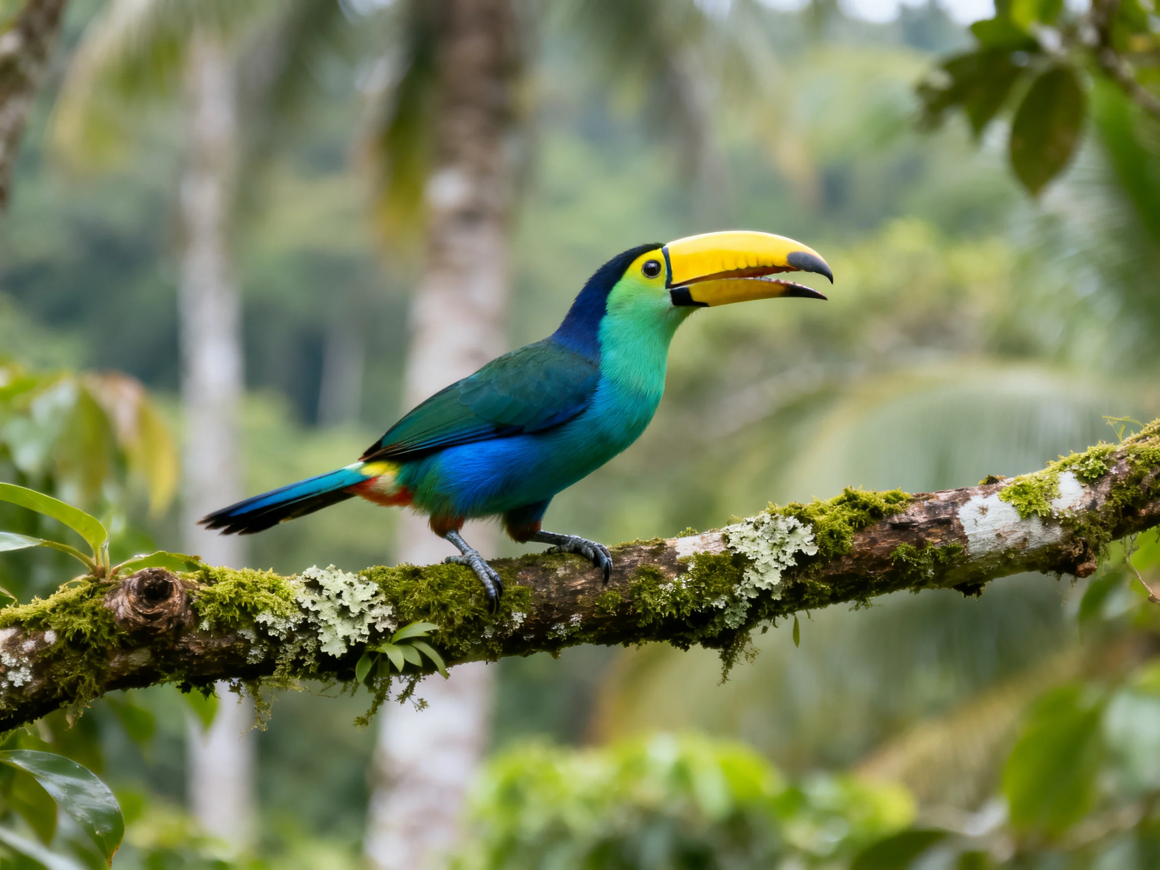 A vibrant toucan with yellow beak perches on a moss-covered branch