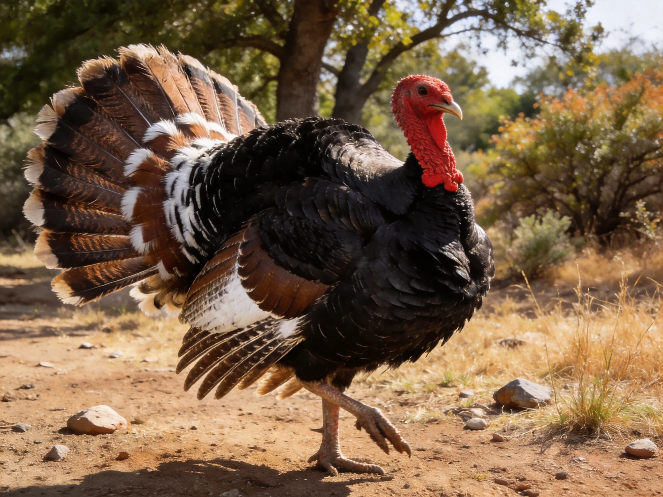 A vibrant wild turkey displays multicolored plumage outdoors