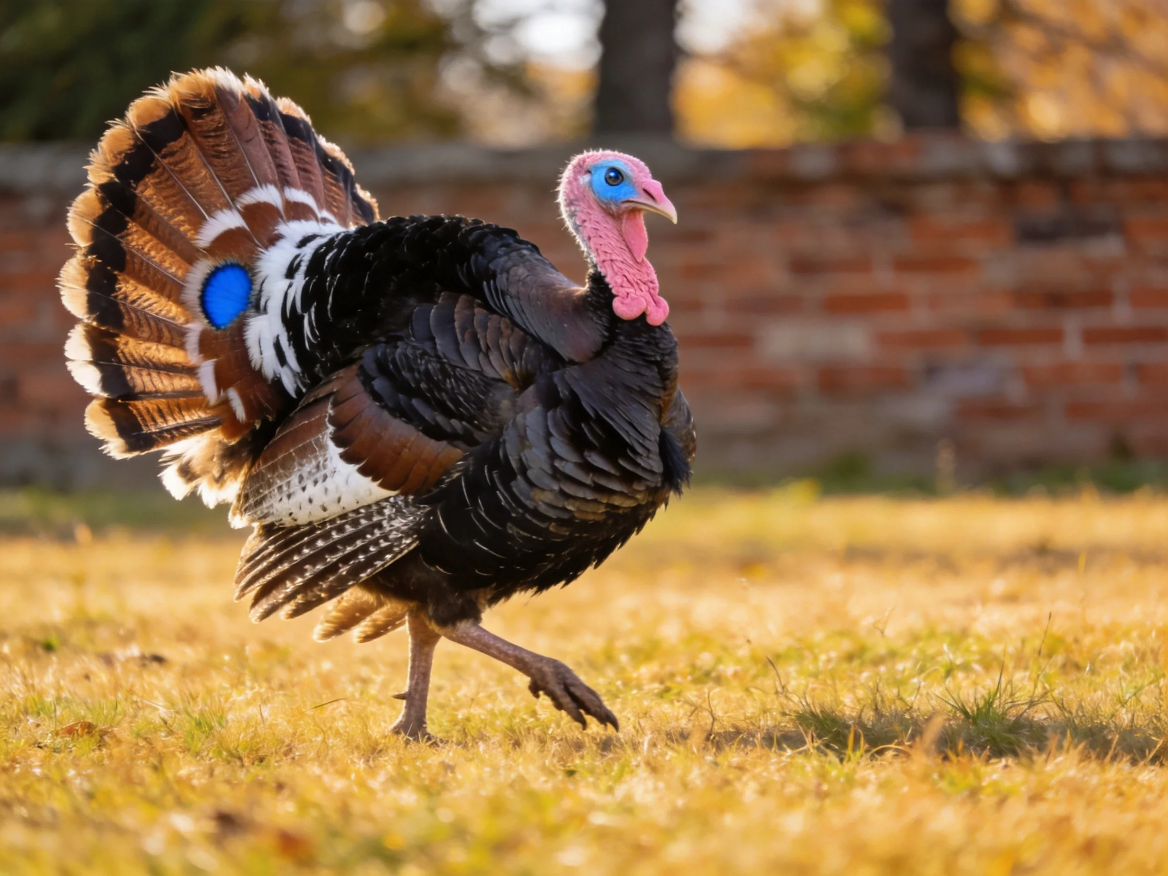 A vibrant wild turkey showcases colorful plumage near a brick wall
