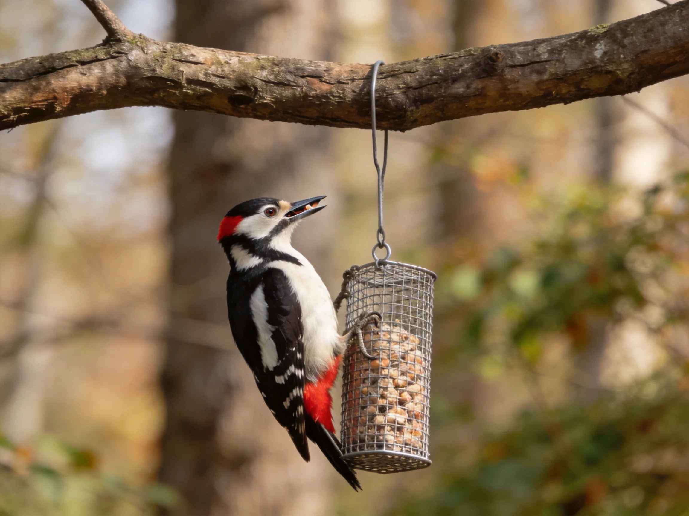 A vibrant woodpecker clinging to a metal bird feeder
