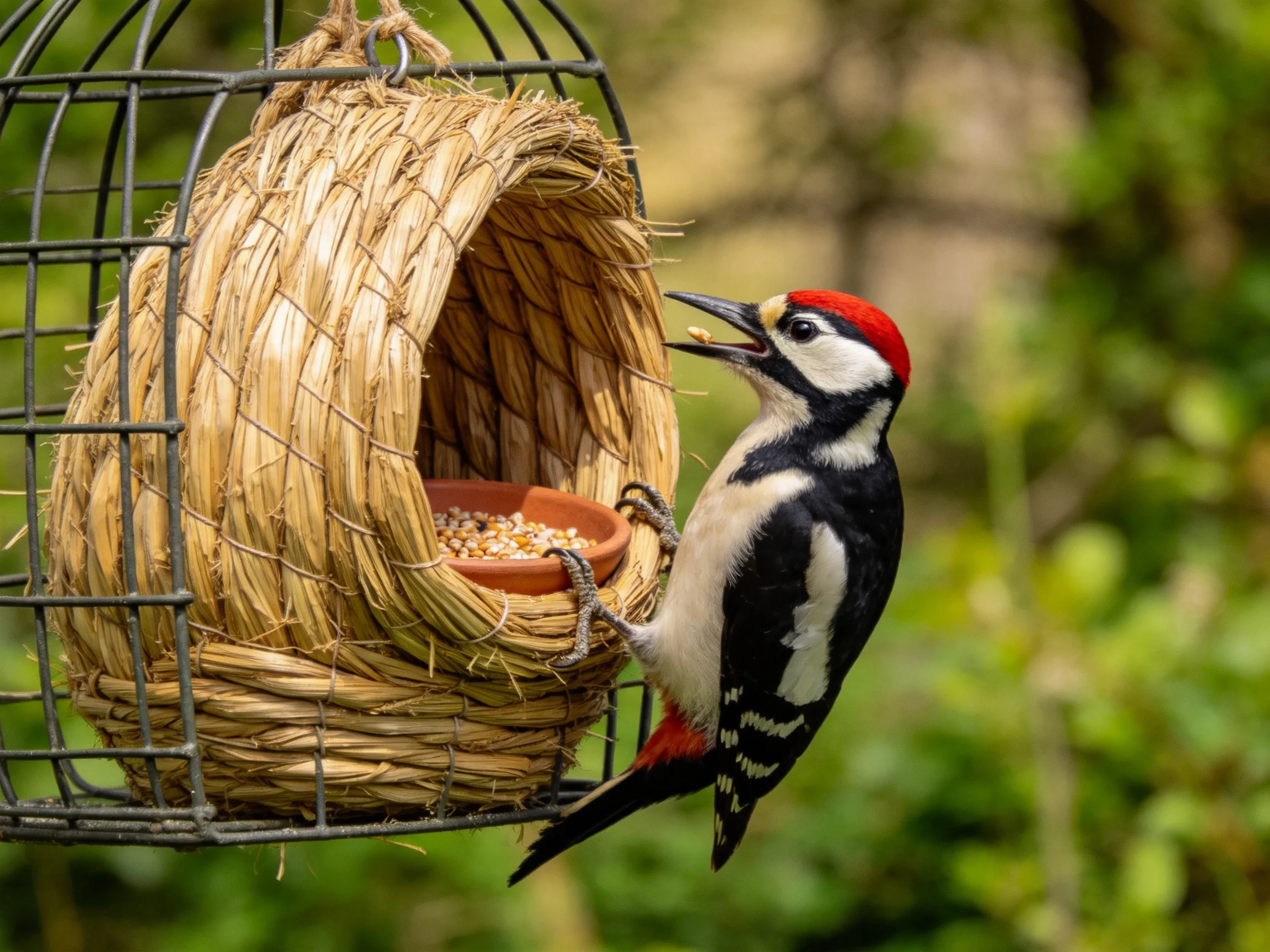 A vibrant woodpecker feeding from a woven straw bird feeder