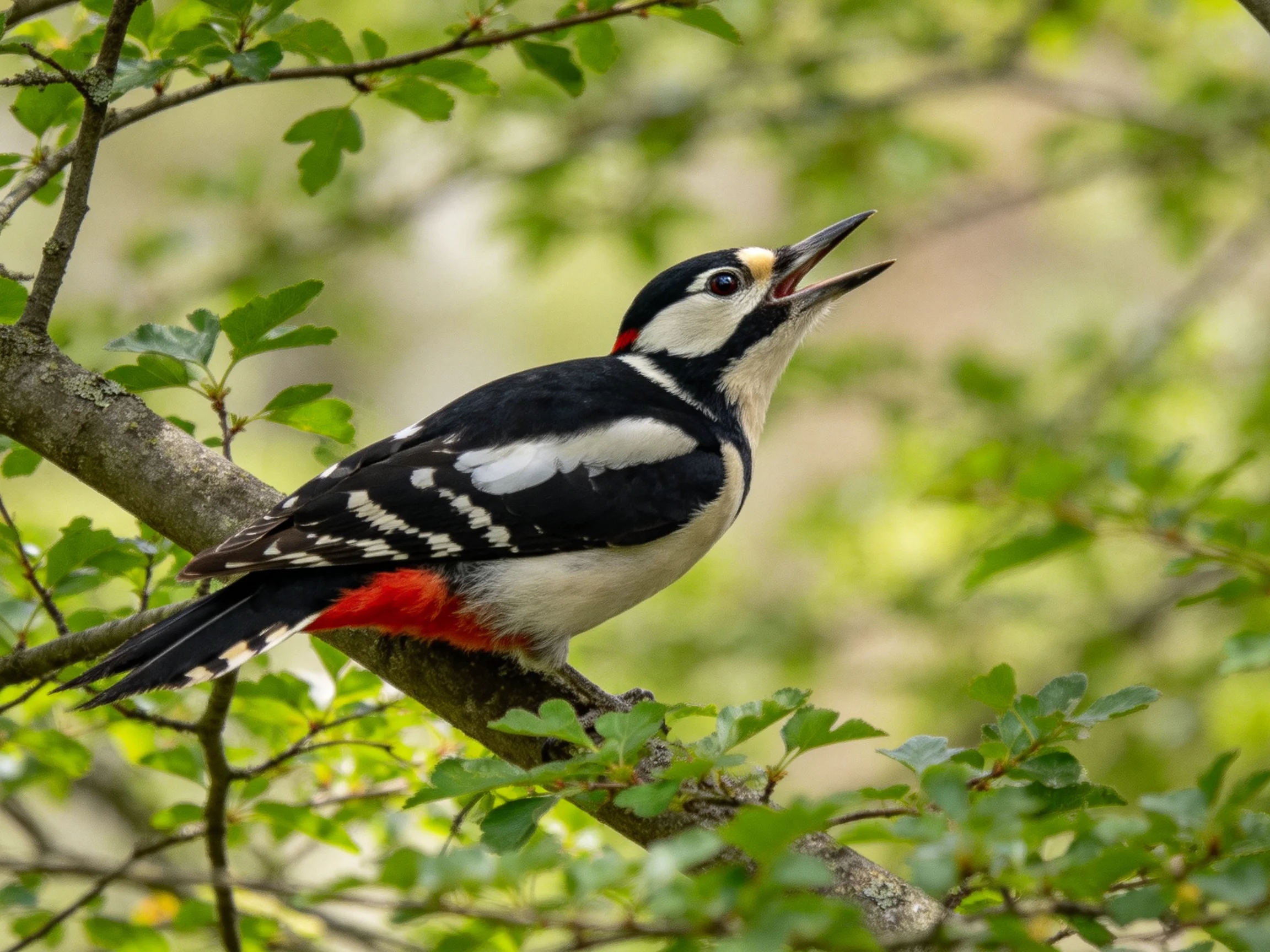 A vibrant woodpecker with black, white, and red plumage perched on a tree branch