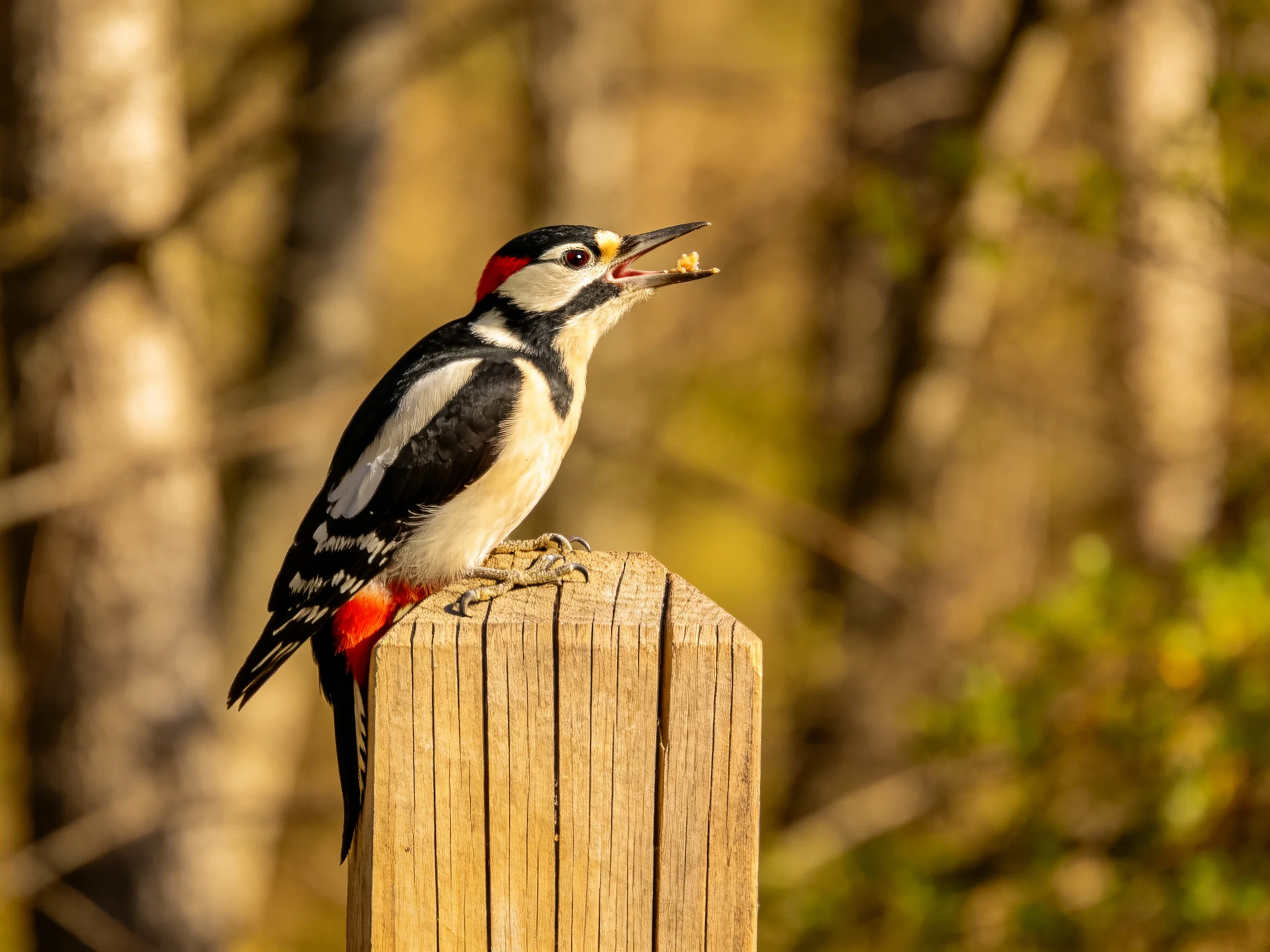 A vibrant woodpecker with red, black, and white plumage perches on a wooden post.