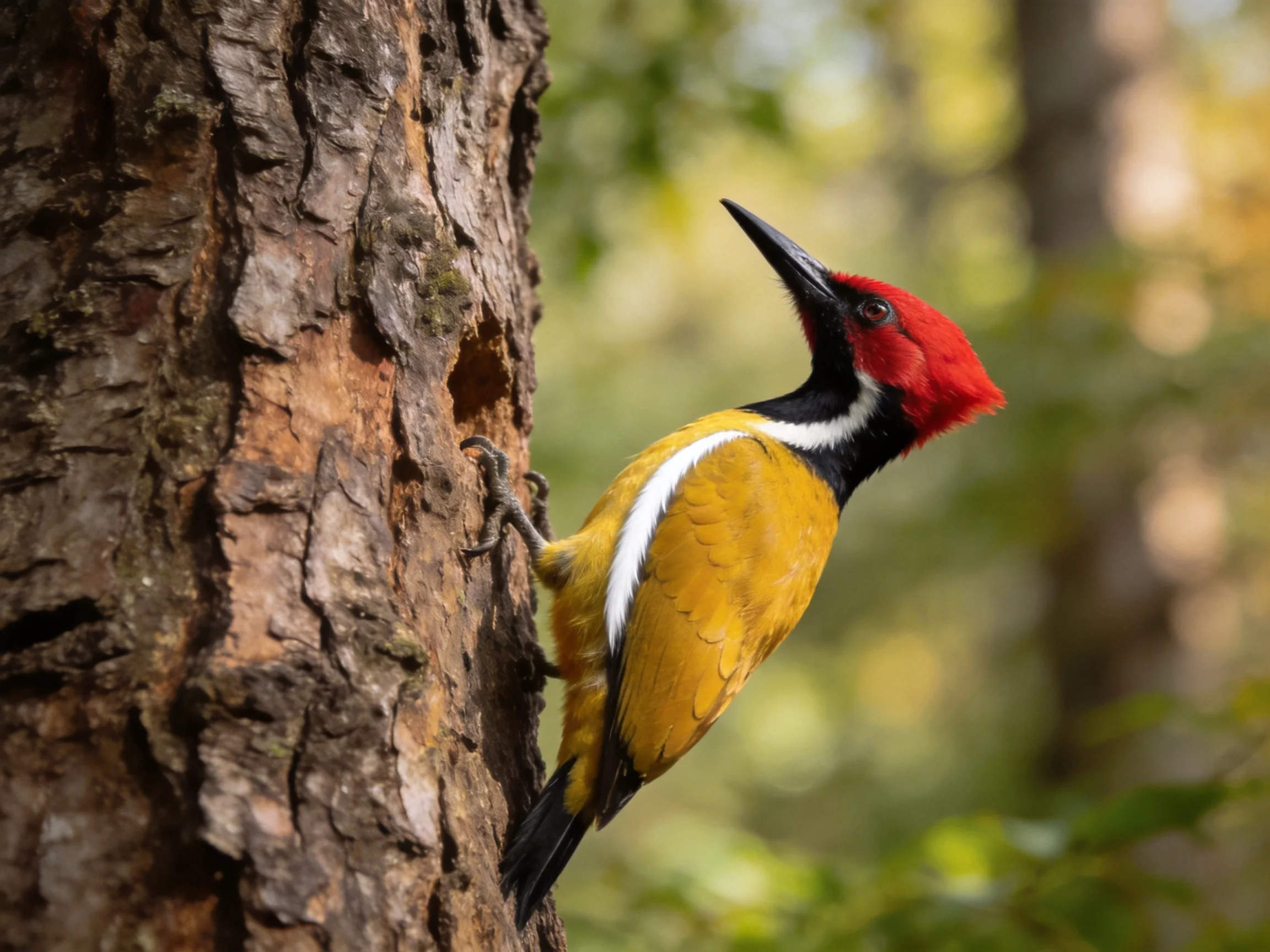 A brightly colored woodpecker with a red head climbs a rough tree trunk in a forest setting.