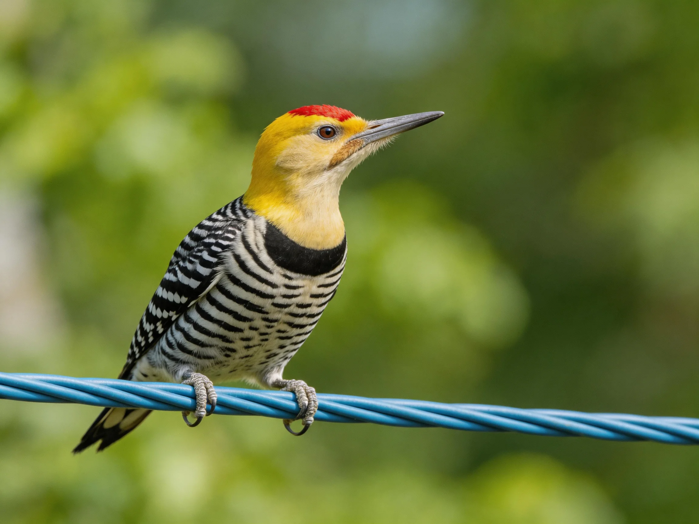 A vibrant woodpecker with yellow, black, and red plumage perches on a blue wire