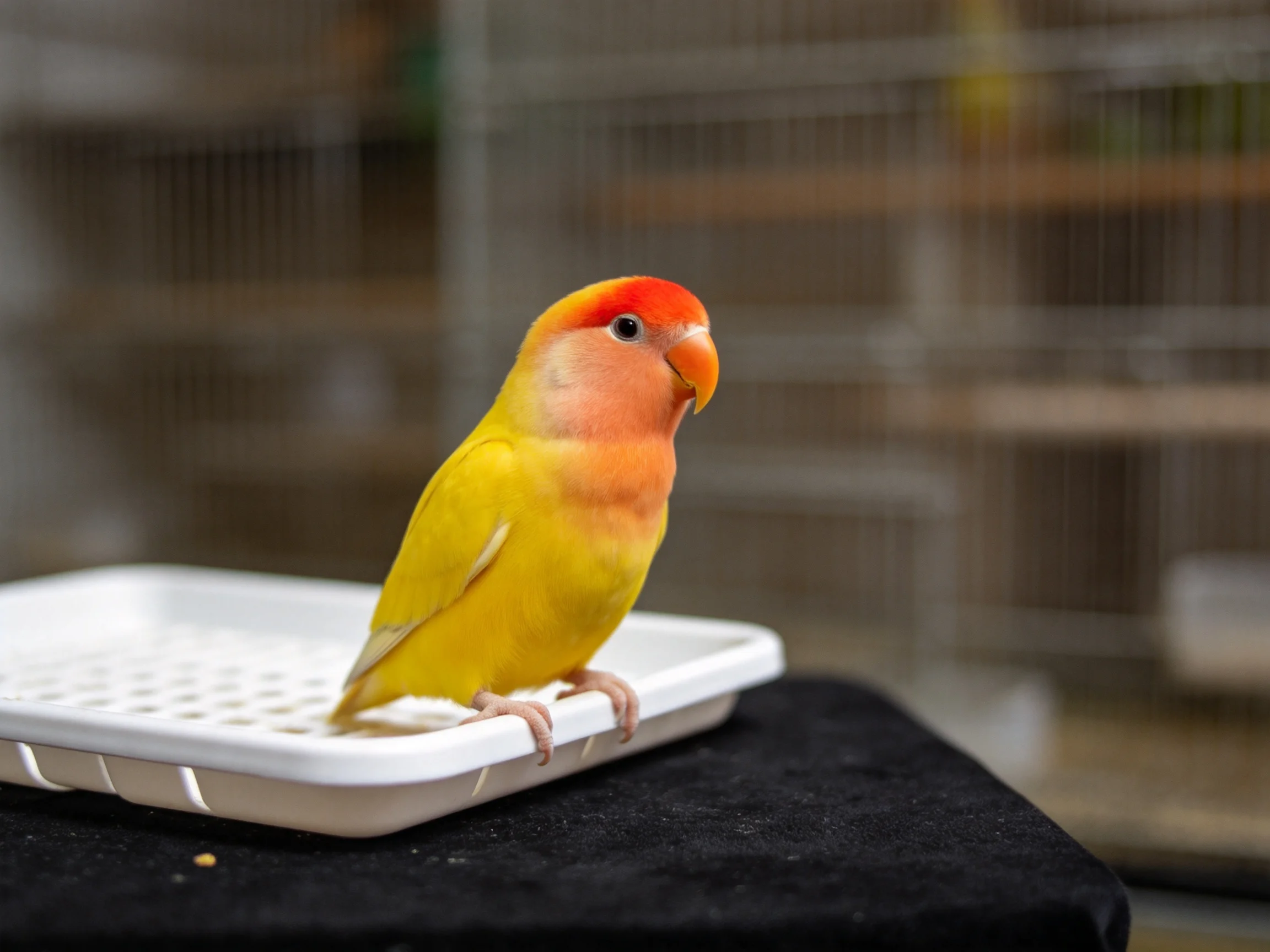 A colorful lovebird rests on a white tray with a cage