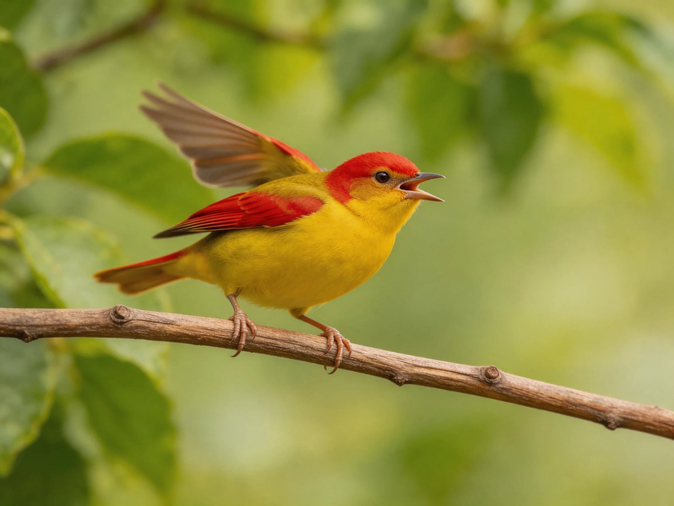 A brightly colored bird sits on a branch
