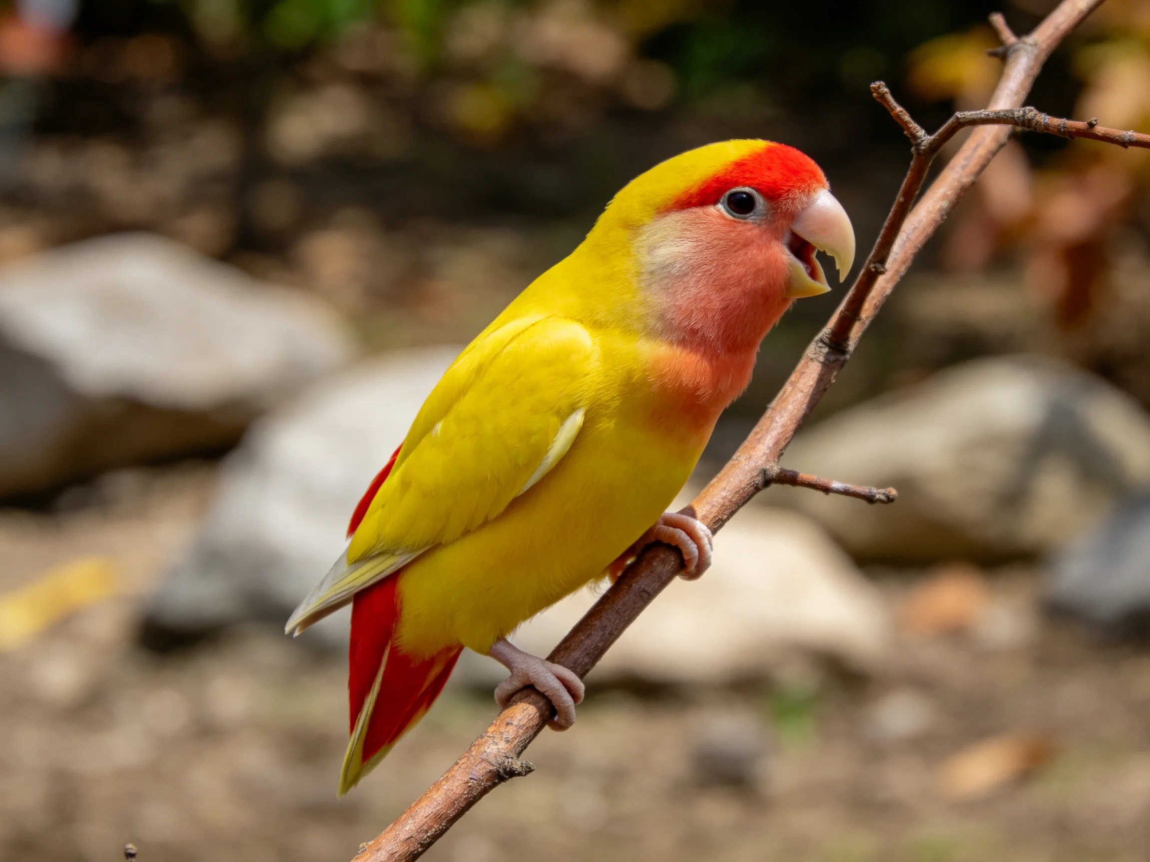 A brightly colored lovebird with yellow and red plumage rests on a thin branch.