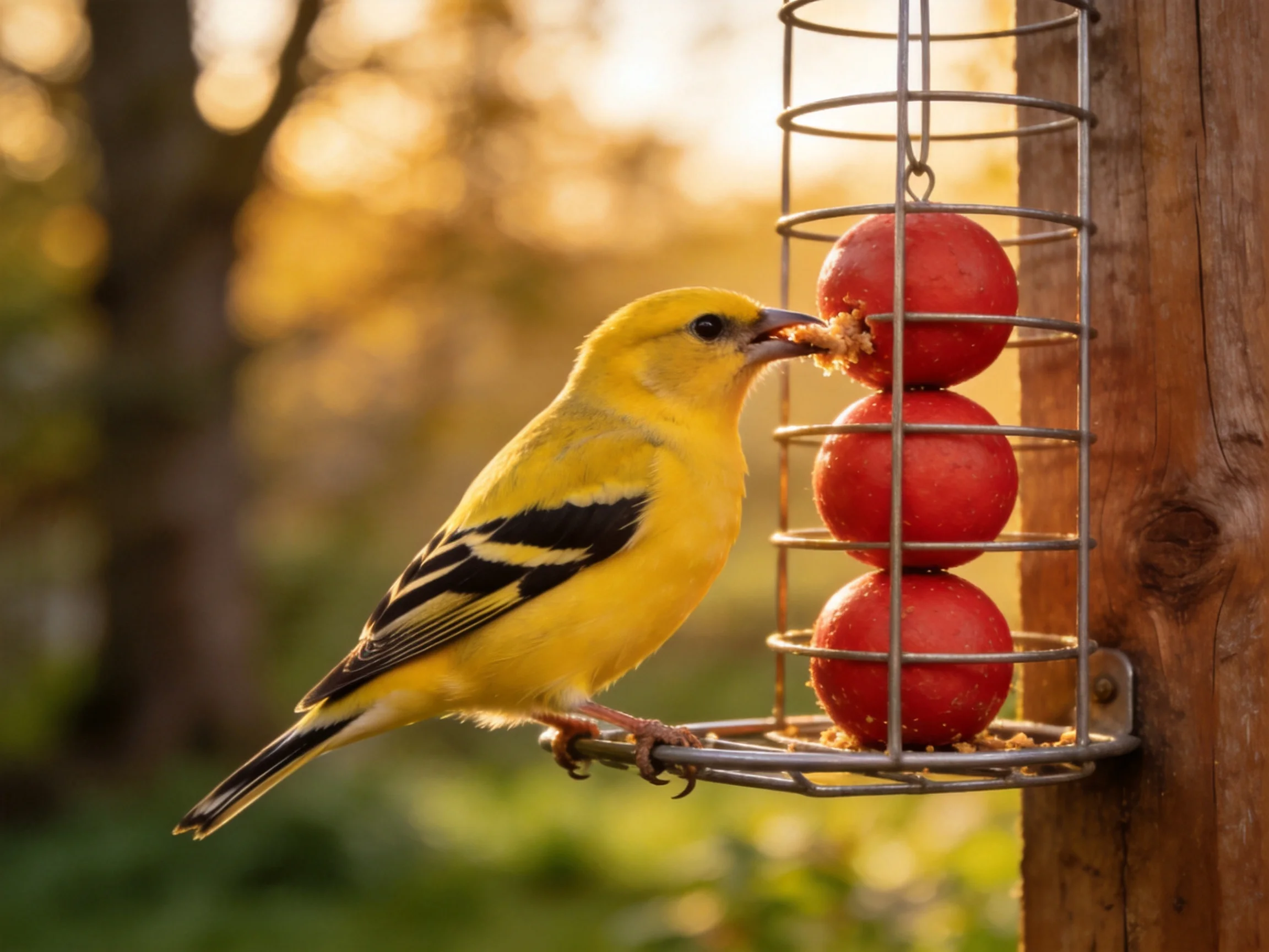A vibrant yellow bird feeding on red fruits from a metal cage