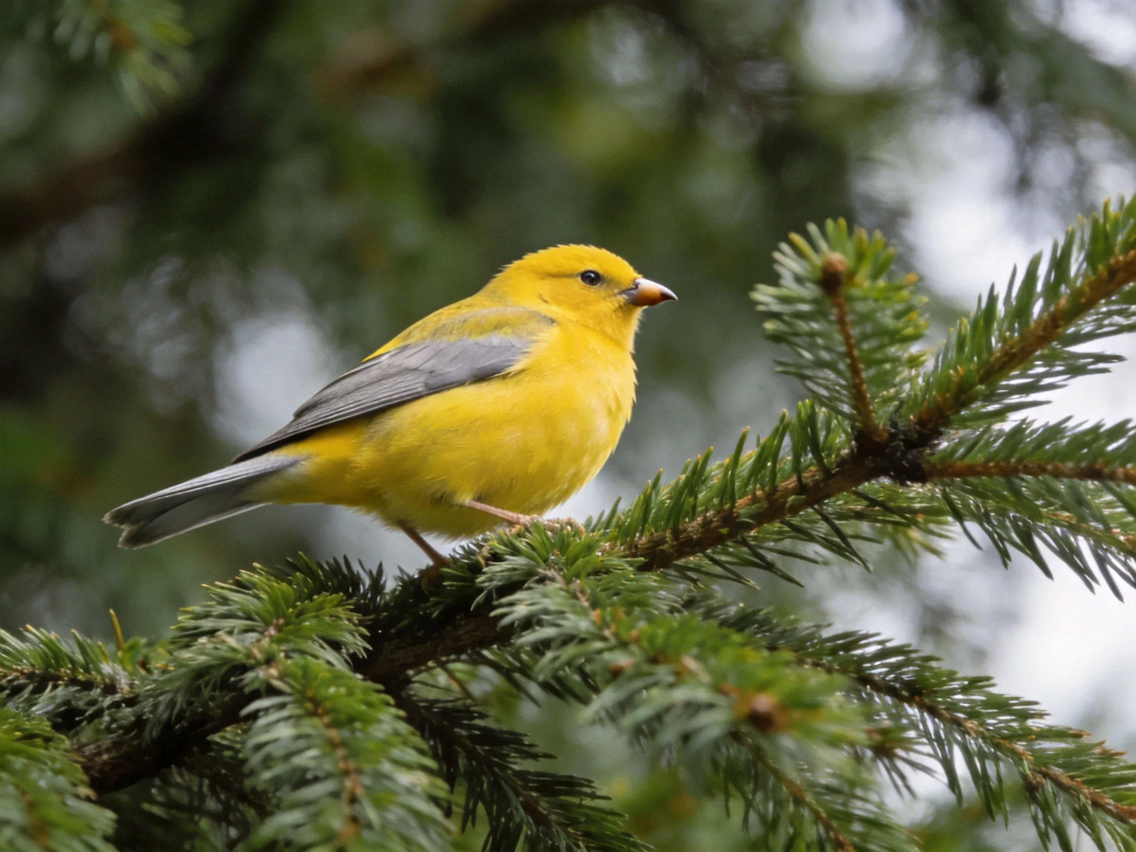 A vibrant yellow bird perched on evergreen tree branches