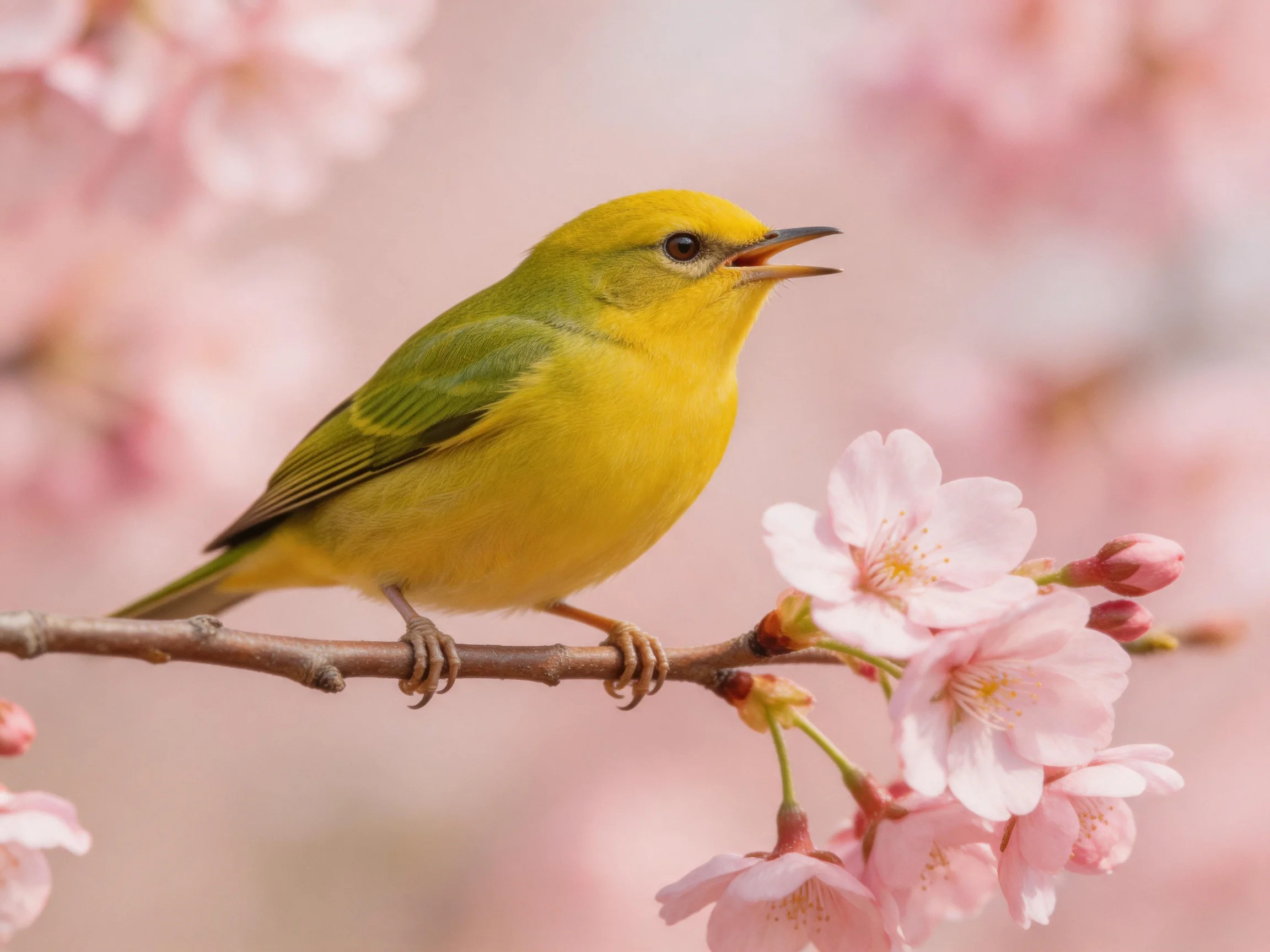 A vibrant yellow bird perched on pink cherry blossom branch