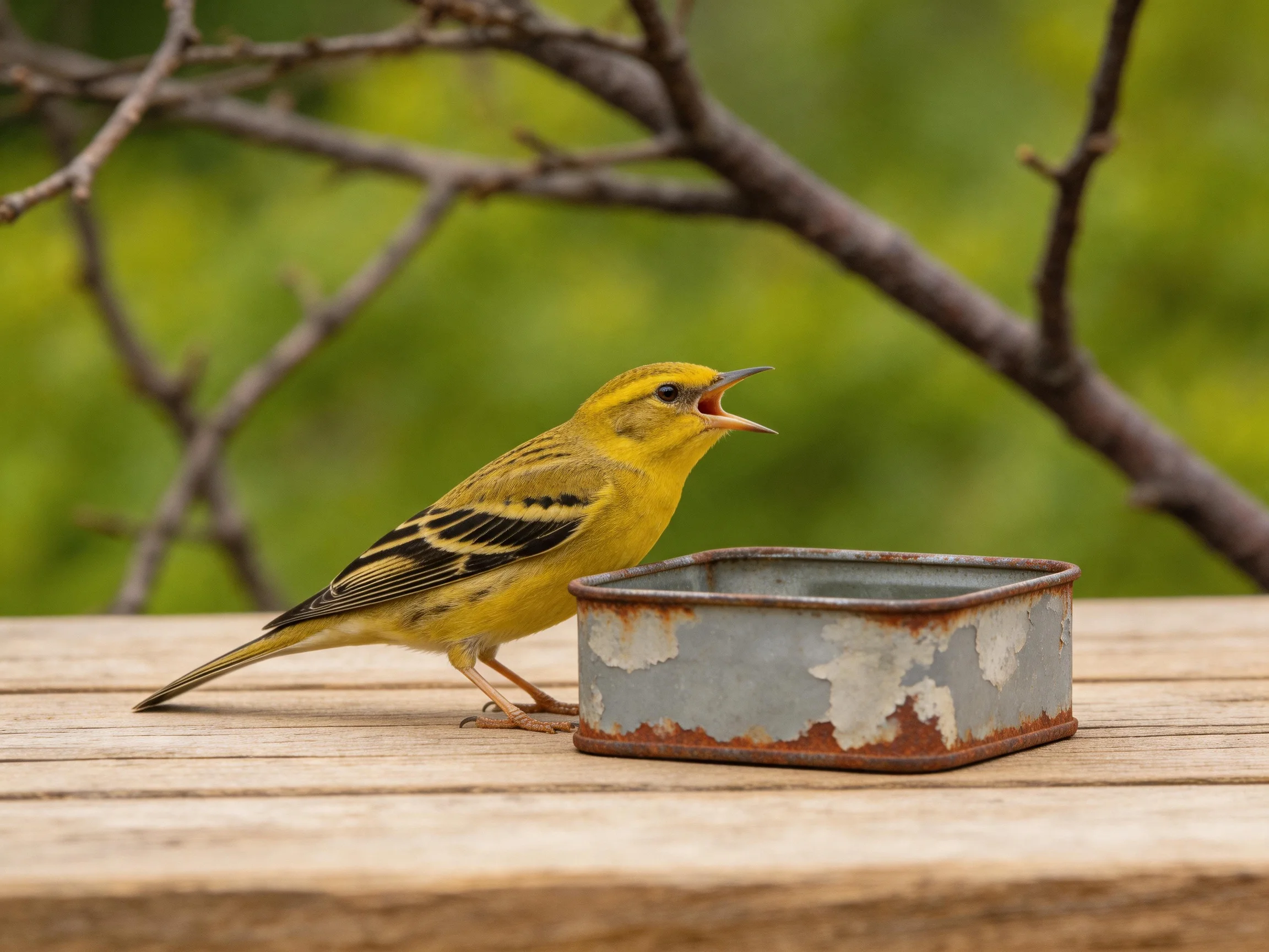 A vibrant yellow bird perches near an aged metal container