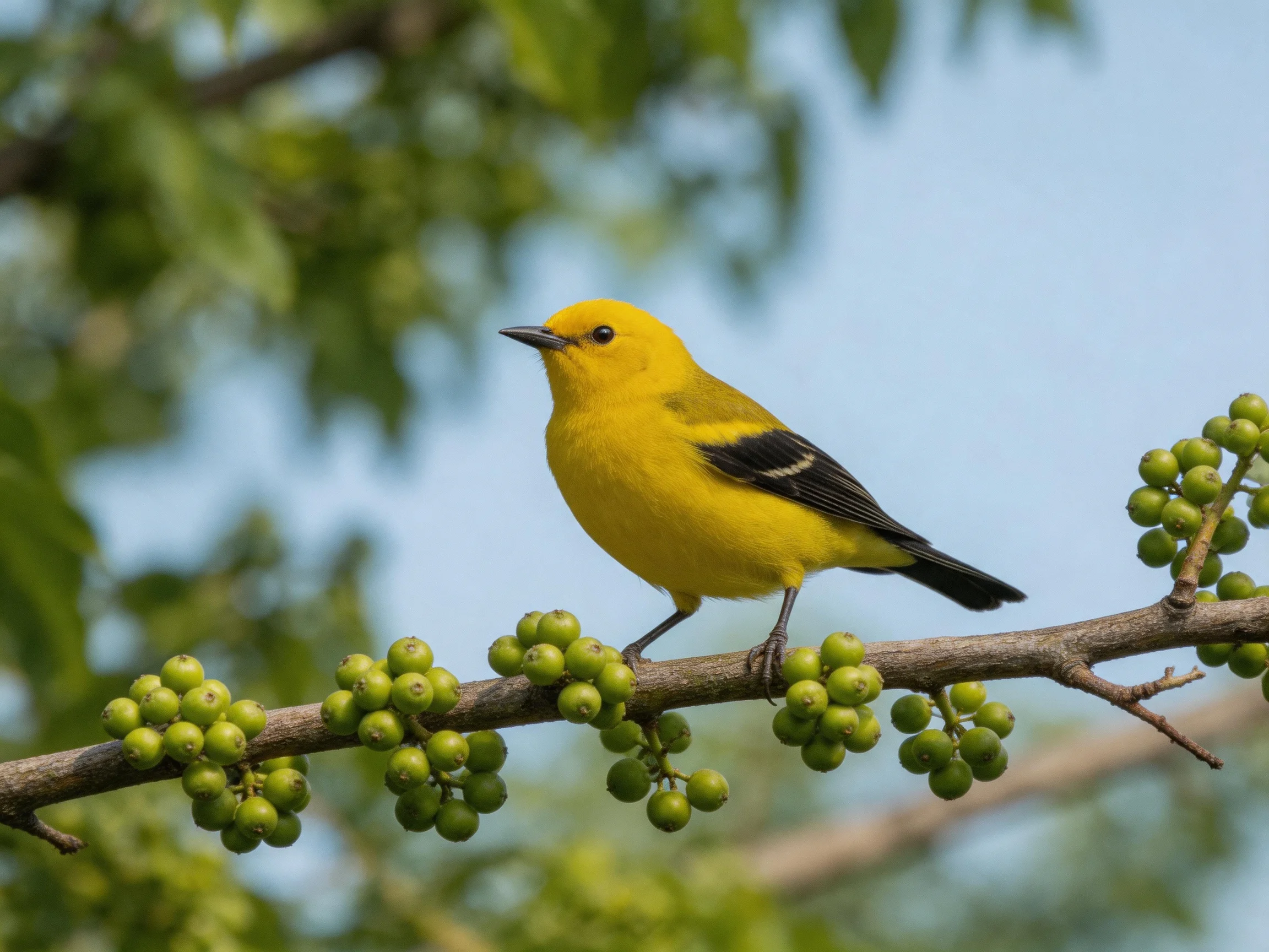 A bright yellow bird sits on a branch with green berries.