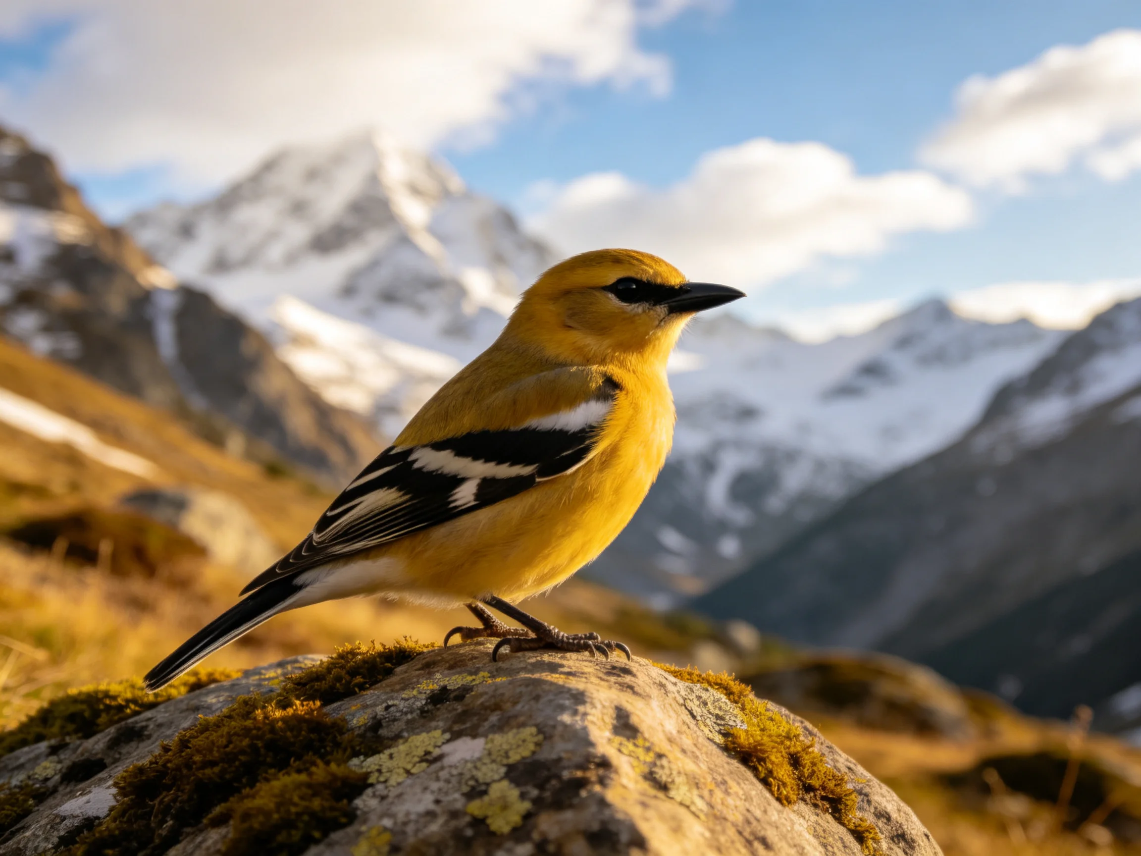A vibrant yellow bird perches on a mossy rock amid snow-capped mountains