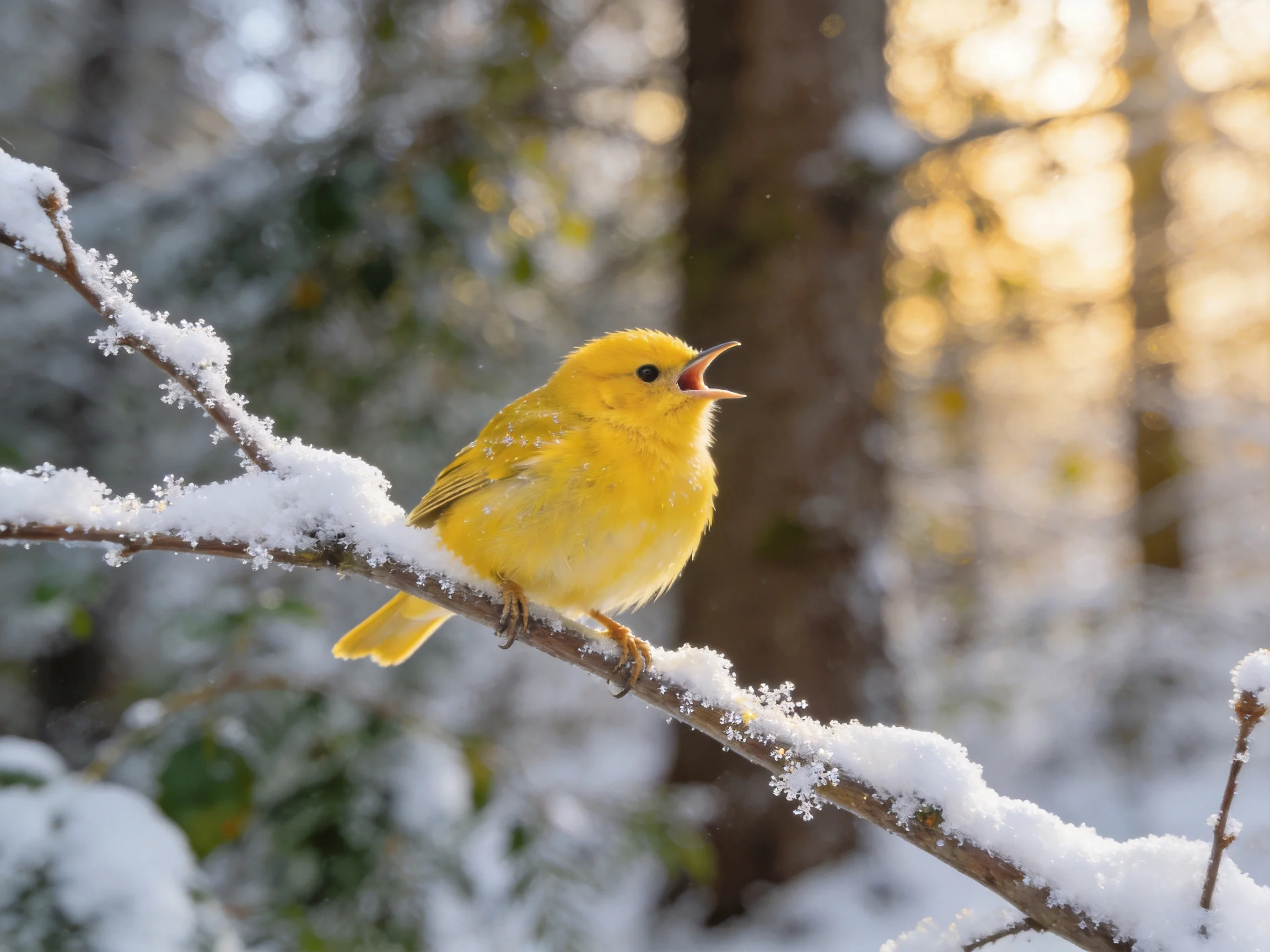A yellow bird rests on a snow-covered branch in a wintry forest.