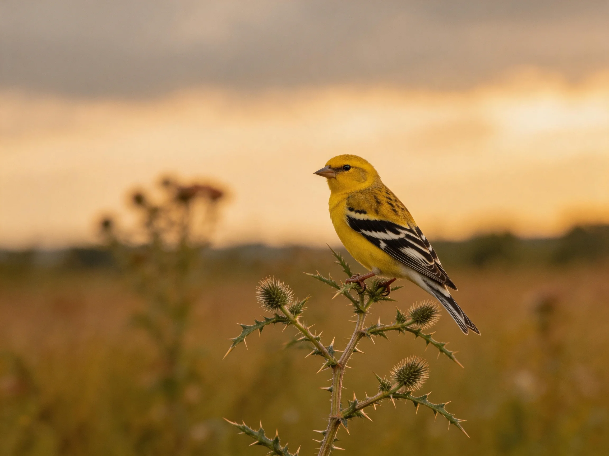 A vibrant yellow bird perches on a spiky thistle branch amid a golden sunset backdrop.