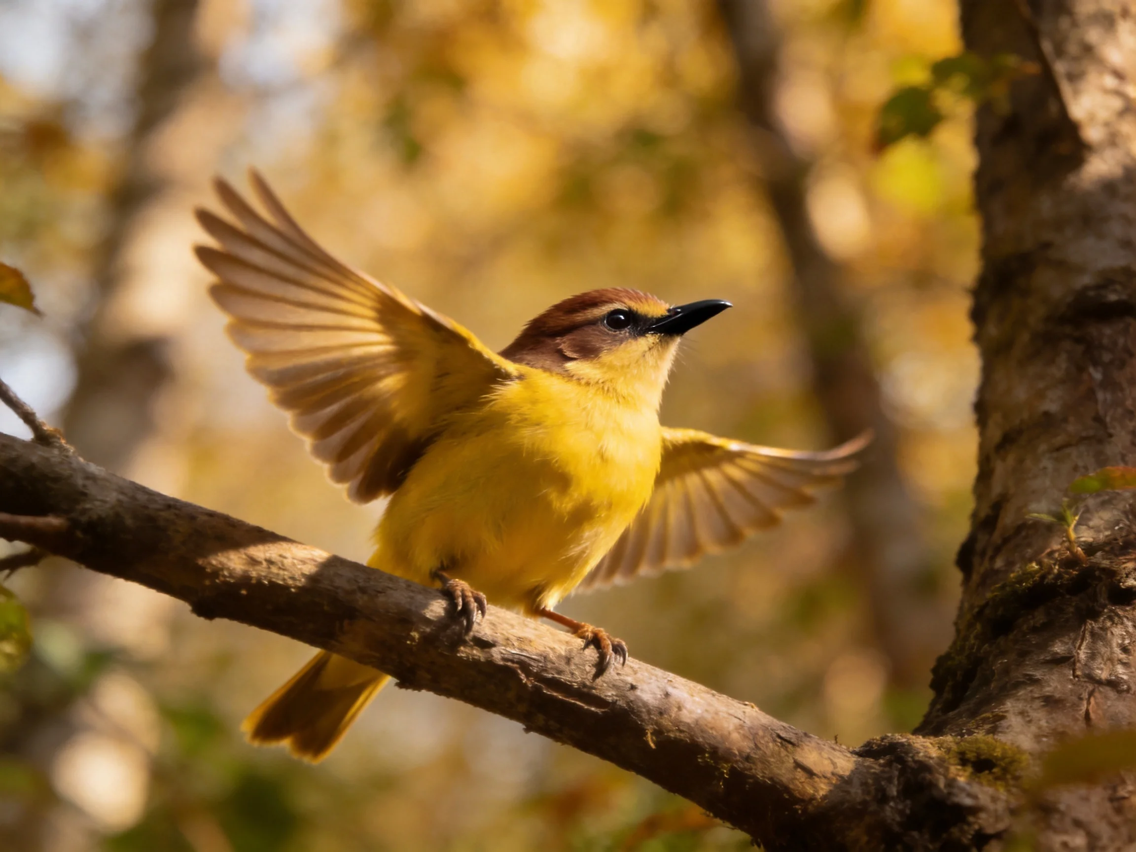 A vibrant yellow bird spreads wings on a tree branch