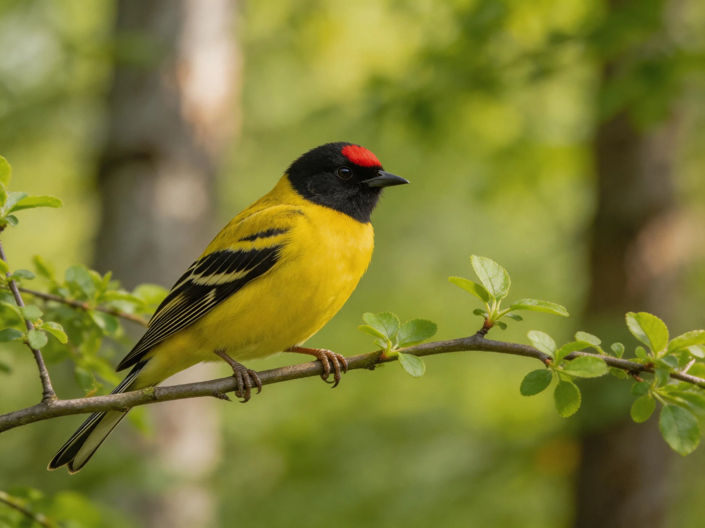 A brightly colored bird rests on a tree branch amid lush greenery.
