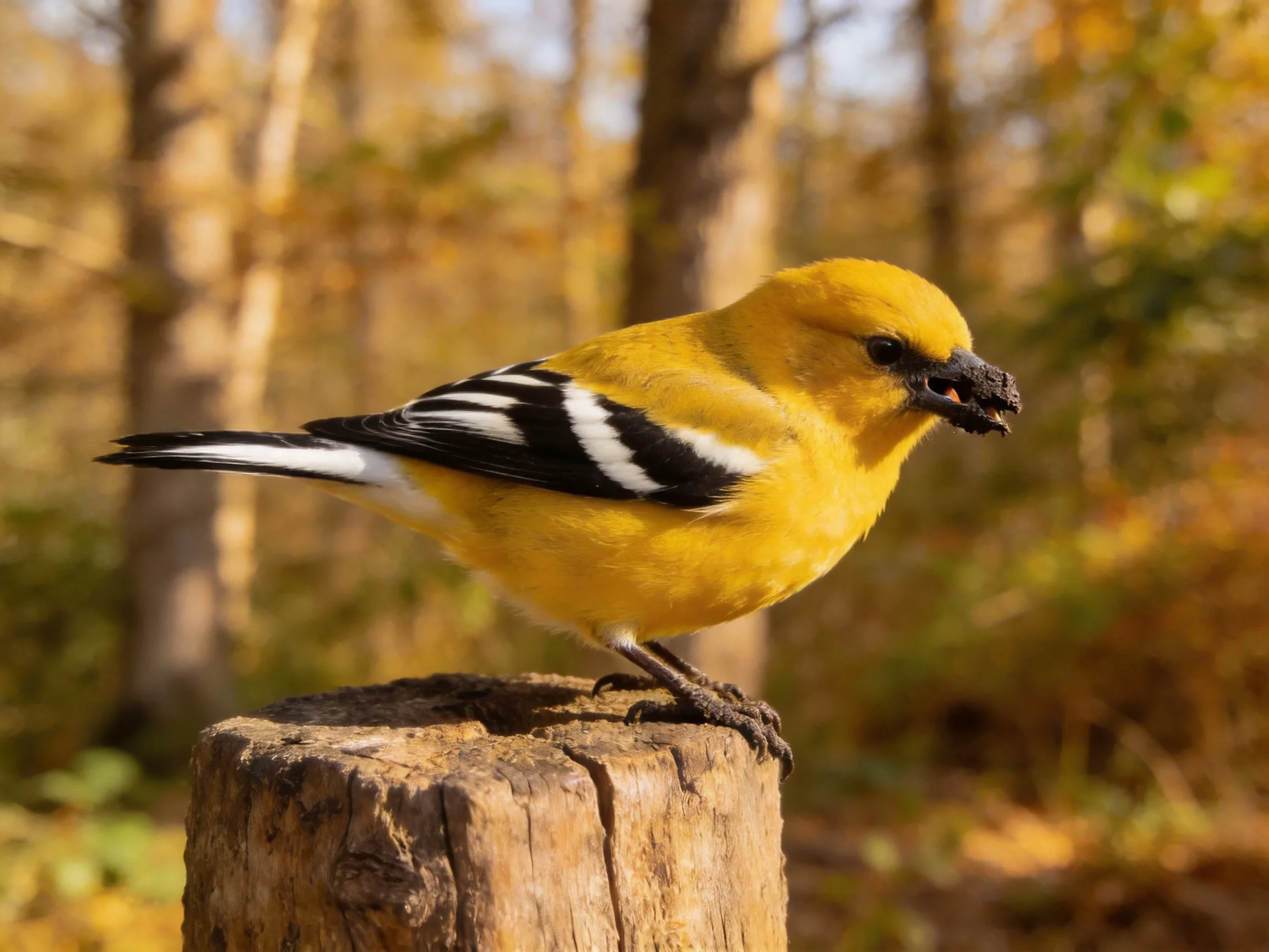 A brightly colored bird with distinctive wing markings rests on a wooden post in a wooded area.