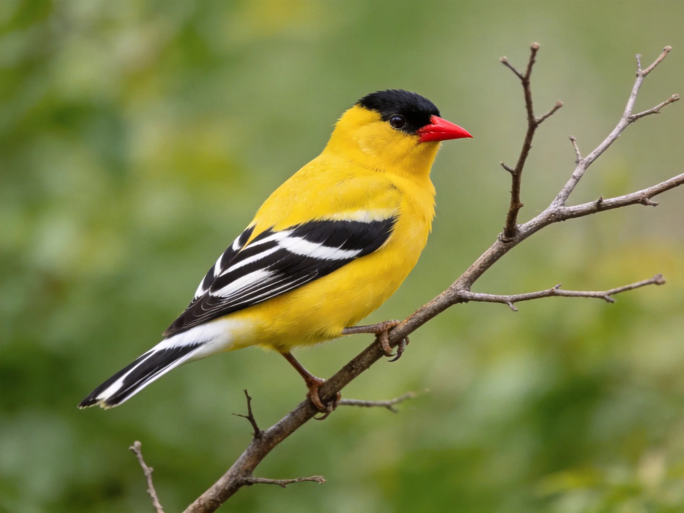 A brightly colored bird with black, yellow, and red plumage perches on a bare branch.