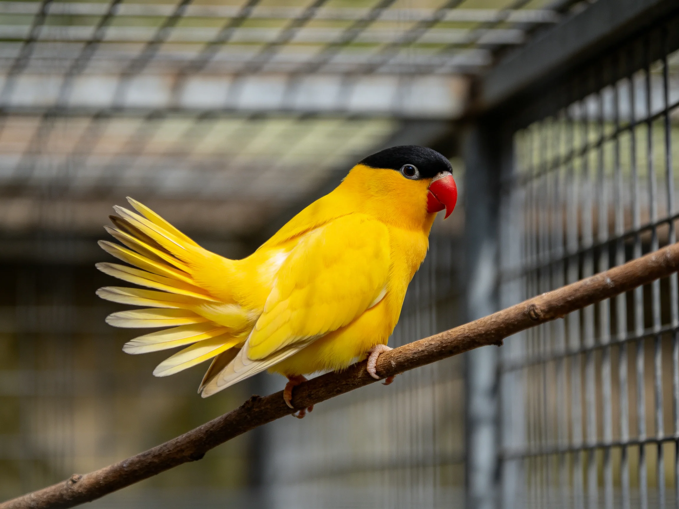 A brightly colored bird with yellow plumage, black cap, and red beak rests on a branch beside a wire enclosure.