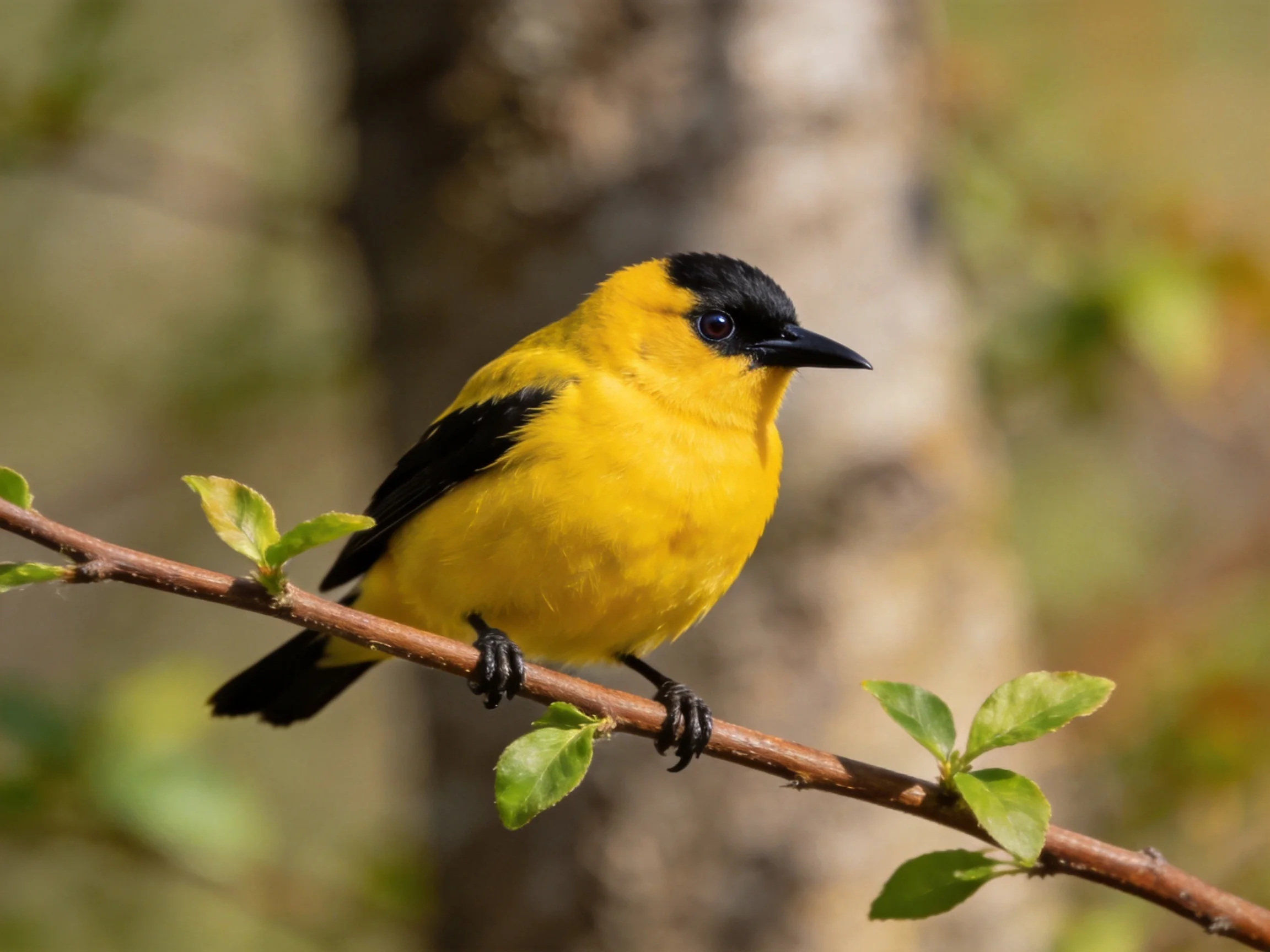 A vibrant yellow bird with black markings perched on a branch