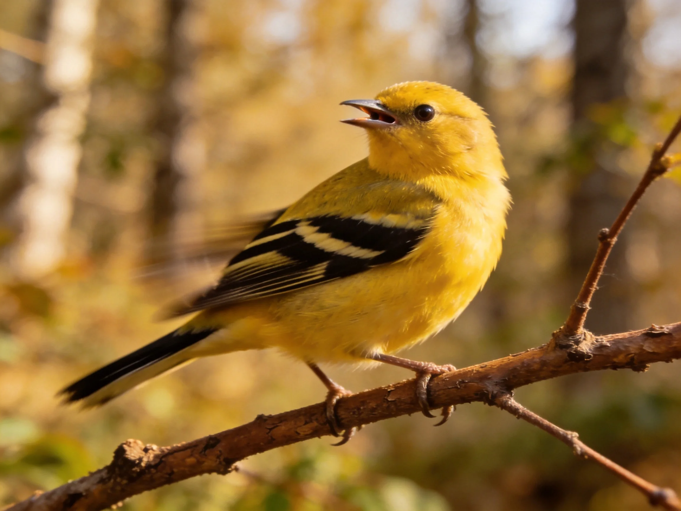 A vibrant yellow bird with black-striped wings perches on a tree branch