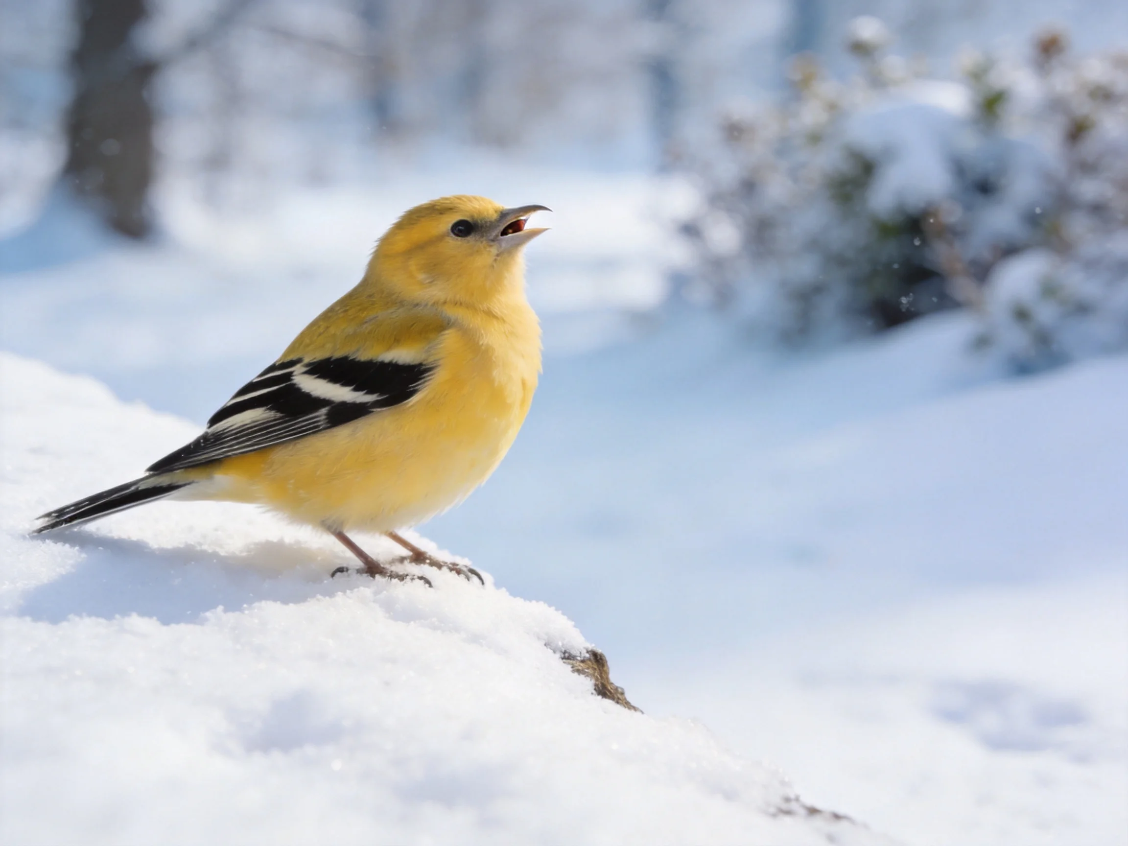 A yellow bird with distinctive black wing patterns rests on snow-covered ground.