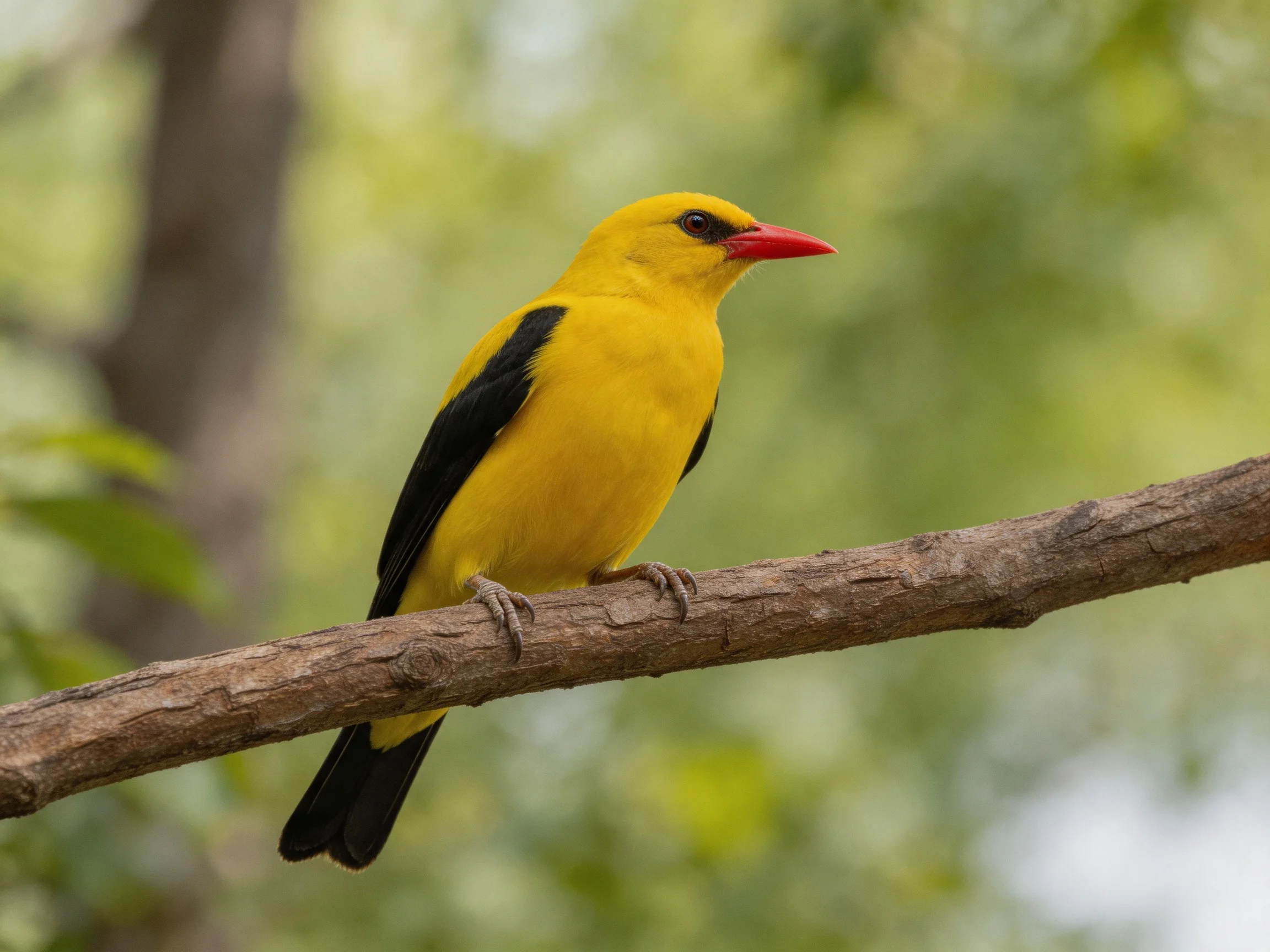 A brightly colored bird with yellow and black plumage rests on a tree branch.